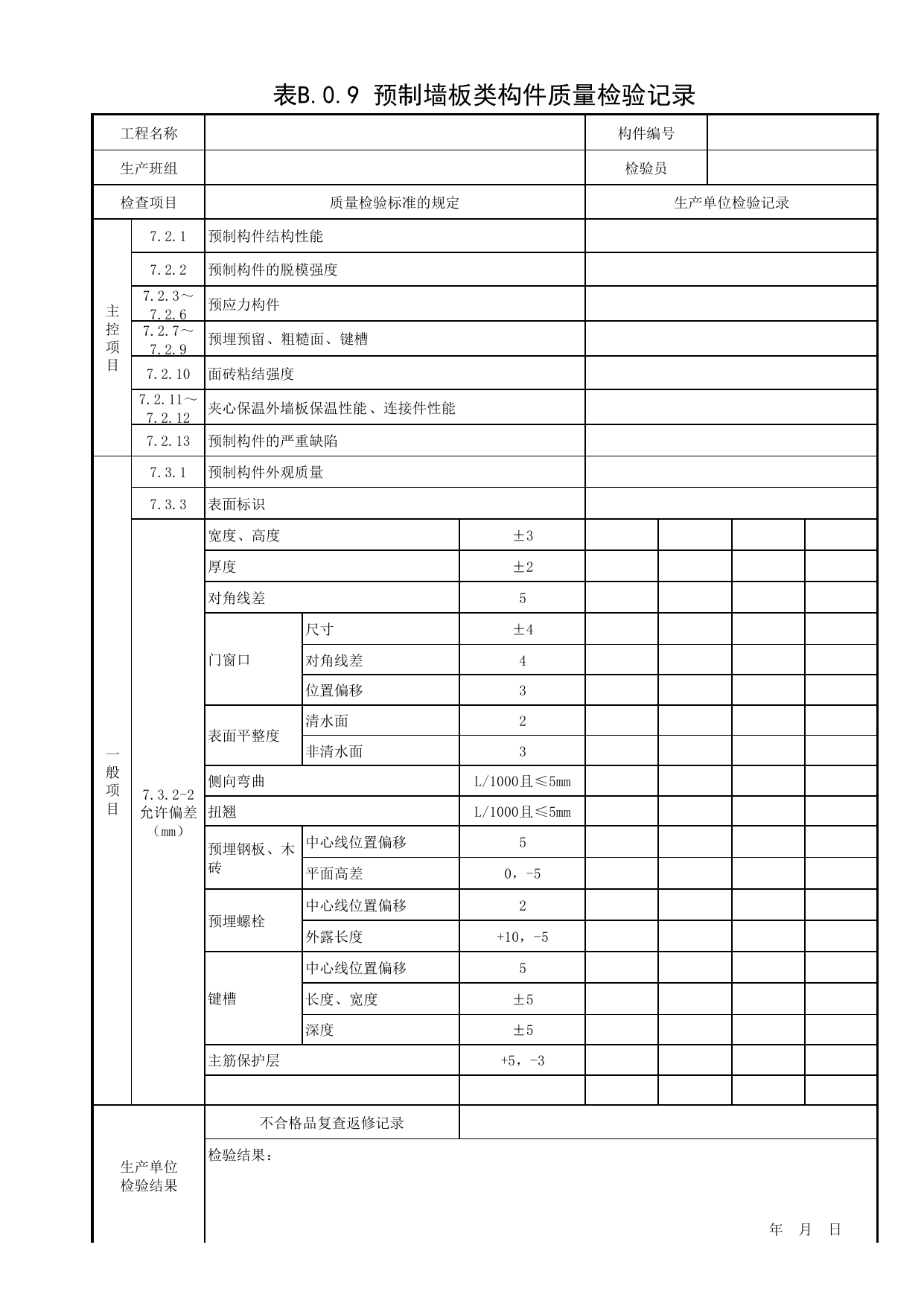 表B.0.9 预制墙板类构件质量检验记录_附录B 质量检验常用表格_预制混凝土构件质量检验标准 DB11_T968-2021_北京市建筑工程资料管理规程 DB11∕T695-2025 第 1 页