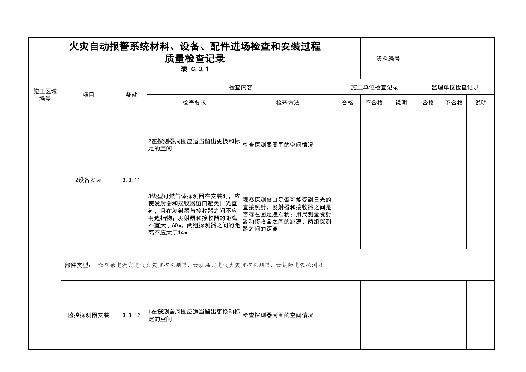 火灾自动报警系统材料、设备、配件进场检查和安装过程质量检查记录(续表30)_03火灾自动报警系统_05消防电气和火灾自动报警系统_消防工程施工质量查验资料 第 1 页