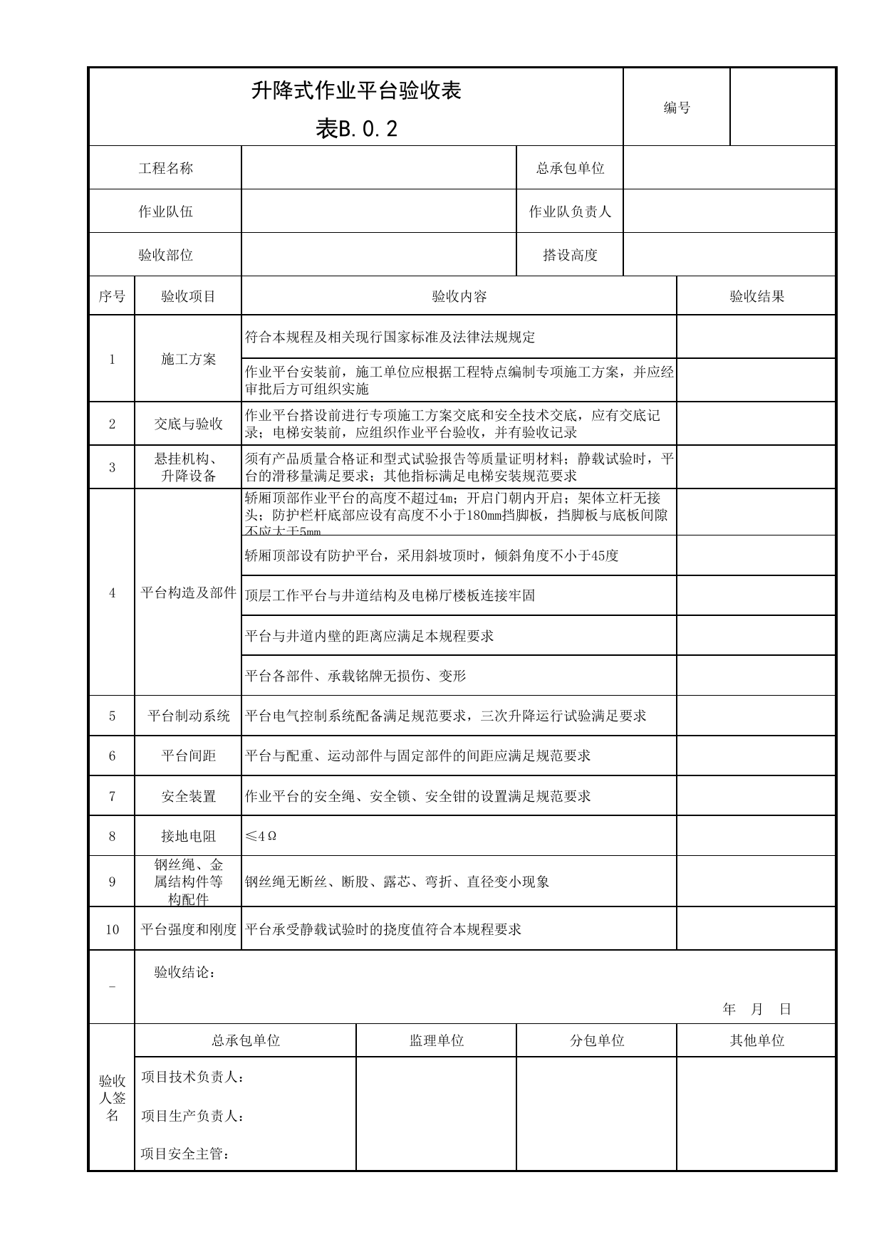 表B.0.2 升降式作业平台验收表_《电梯井道作业平台技术规程》DB11 _T 1847-2021_北京市建筑工程施工现场安全资料管理规程(DB11/T383-2023) 第 1 页