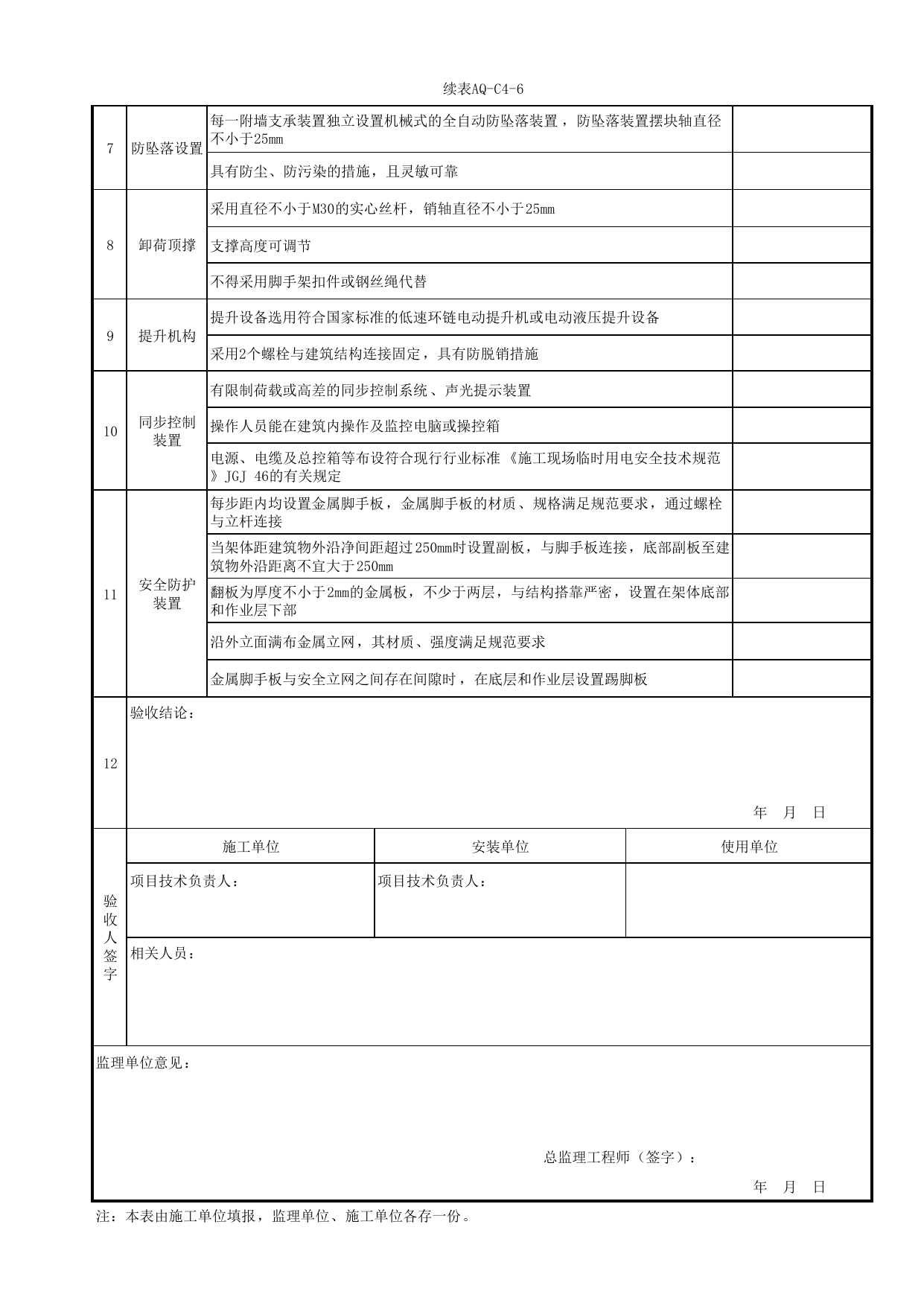 表AQ-C4-6 附着式升降脚手架安装验收表_AQ-C4 工程项目脚手架工程资料_AQ-C类 施工单位施工现场安全资料_北京市建筑工程施工现场安全资料管理规程(DB11/T383-2023) 第 2 页