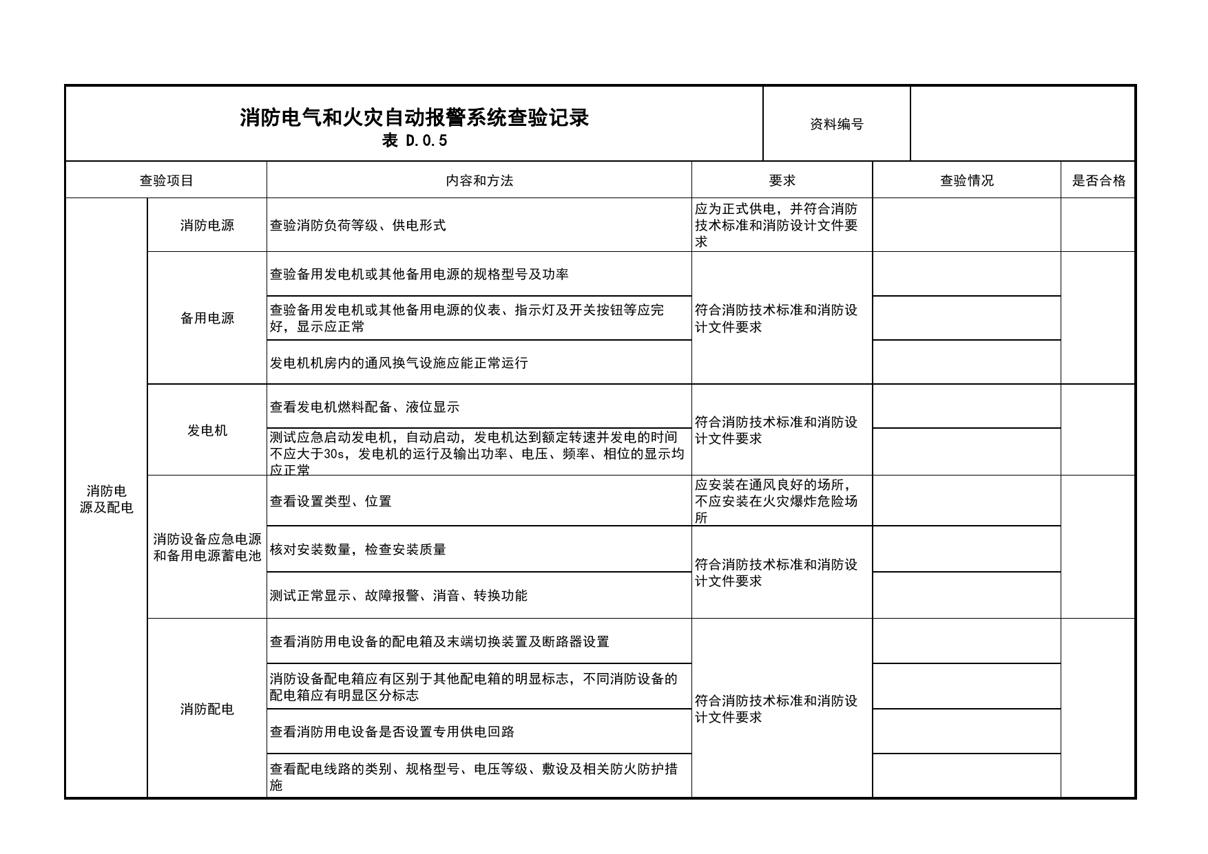 消防电气和火灾自动报警系统查验记录_01消防电源及配电分项_05消防电气和火灾自动报警系统_消防工程施工质量查验资料_北京市建筑工程资料管理规程 DB11∕T695-2025 第 1 页