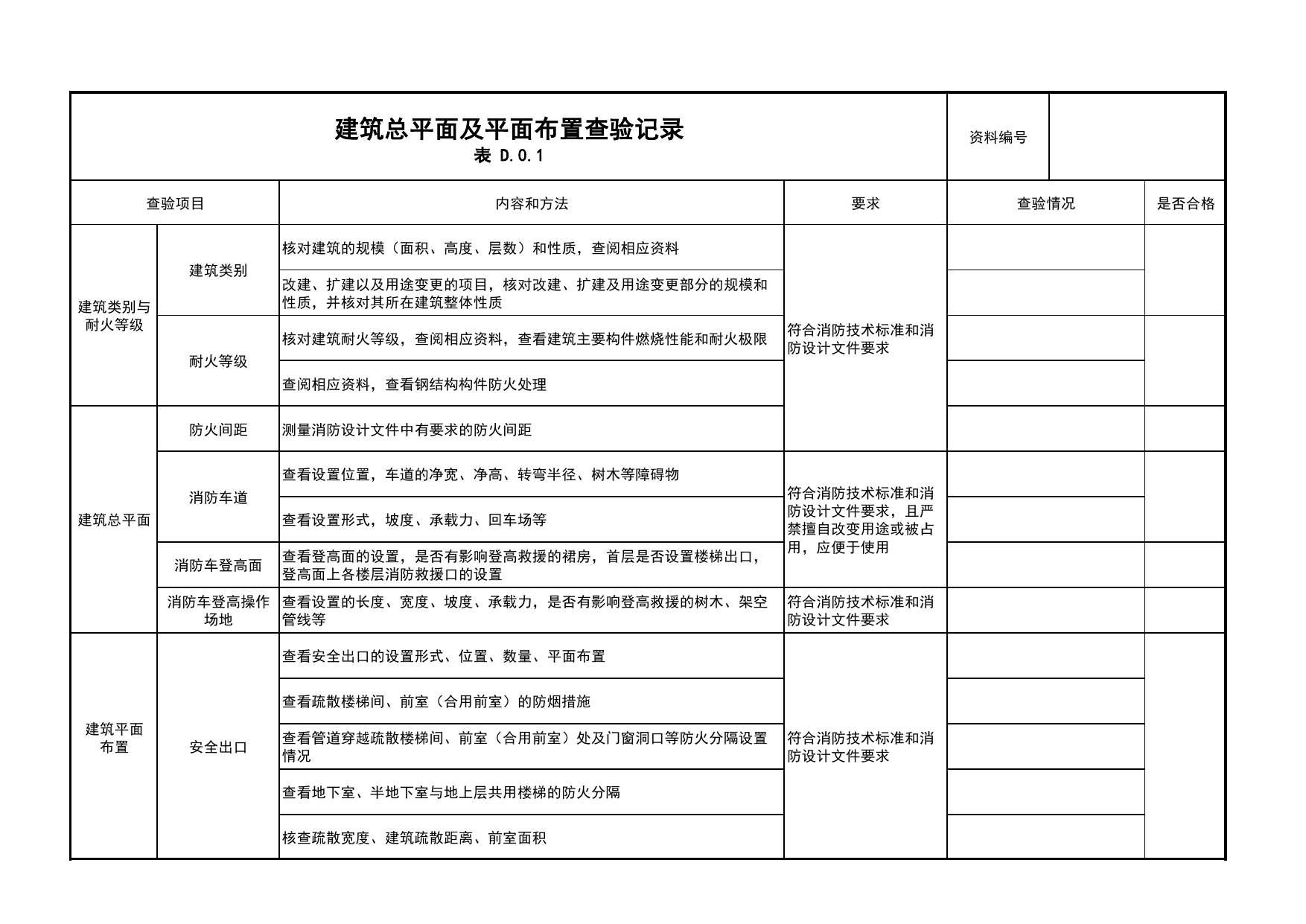 建筑总平面及平面布置查验记录_08防爆_02建筑构造_消防工程施工质量查验资料_北京市建筑工程资料管理规程 DB11∕T695-2025 第 1 页