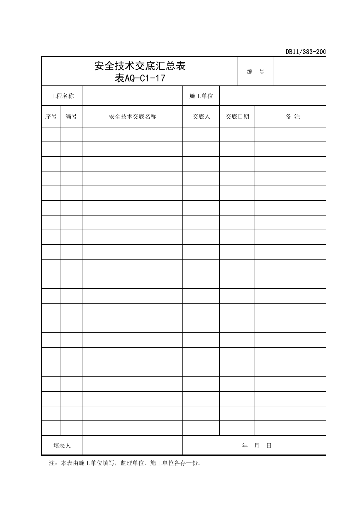 表AQ-C1-17 安全技术交底汇总表_AQ-C1 工程项目安全管理资料_AQ-C类 施工单位施工现场安全资料_建设工程施工现场安全资料管理规程(DB11_383-2006) 第 1 页