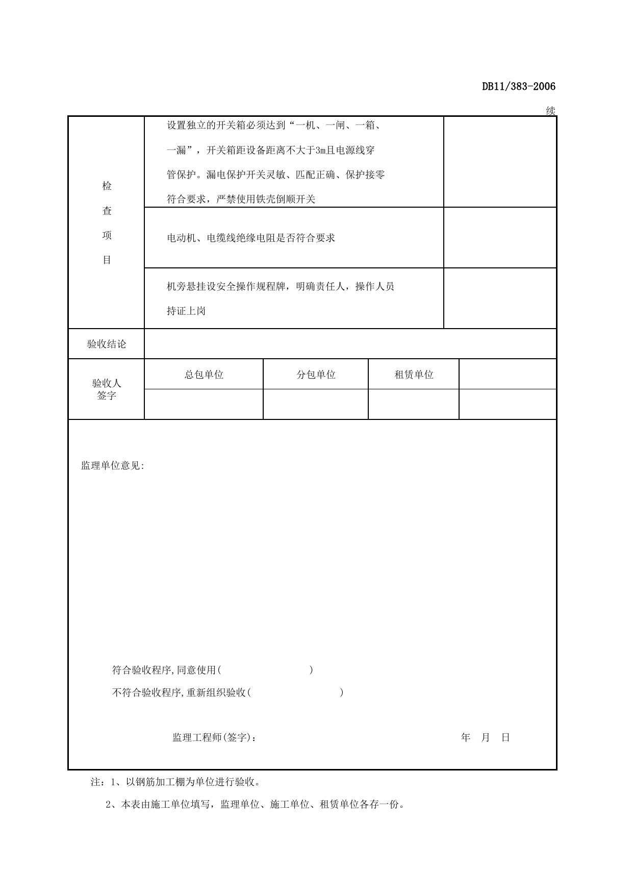 表AQ-C9-12 施工机械检查验收表(钢筋机械)_AQ-C9 工程项目机械安全资料_AQ-C类 施工单位施工现场安全资料_建设工程施工现场安全资料管理规程(DB11_383-2006) 第 2 页