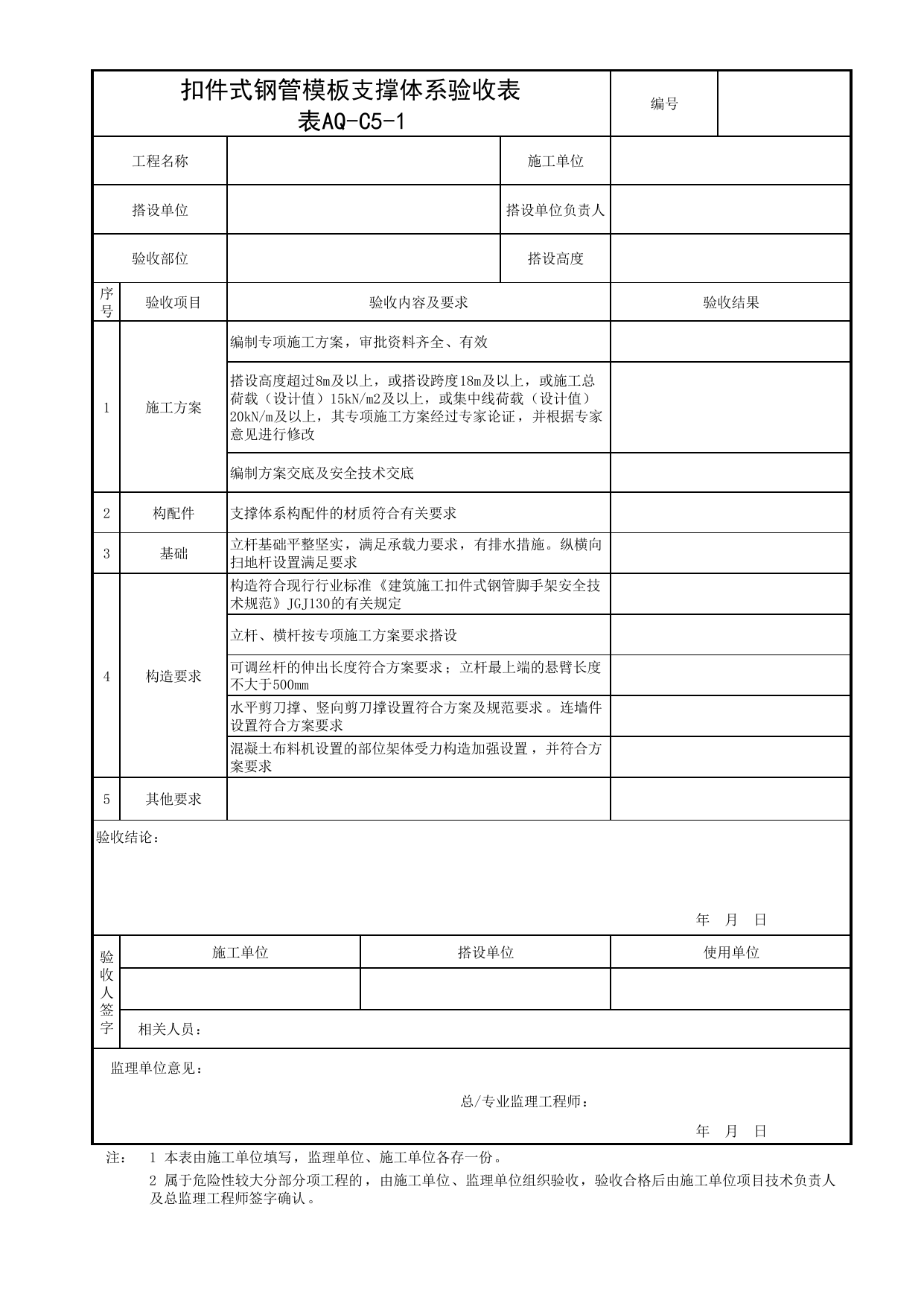 表AQ-C5-1 扣件式钢管模板支撑体系验收表_AQ-C5 工程项目模板及装配式工程资料_AQ-C类 施工单位施工现场安全资料_北京市建筑工程施工现场安全资料管理规程(DB11/T383-2023) 第 1 页