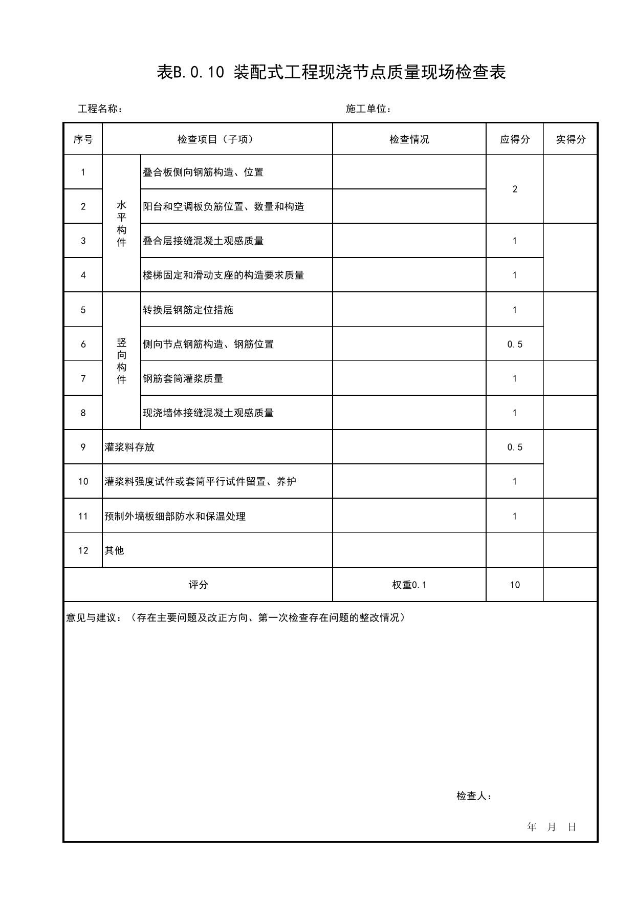 表B.0.10 装配式工程现浇节点质量现场检查表_附录B 建筑结构工程质量评价装配式结构工程现场检查表_北京市建筑(长城)结构优质工程质量评价标准 T_BCQMS01-2024_北京优质工程表格 第 1 页