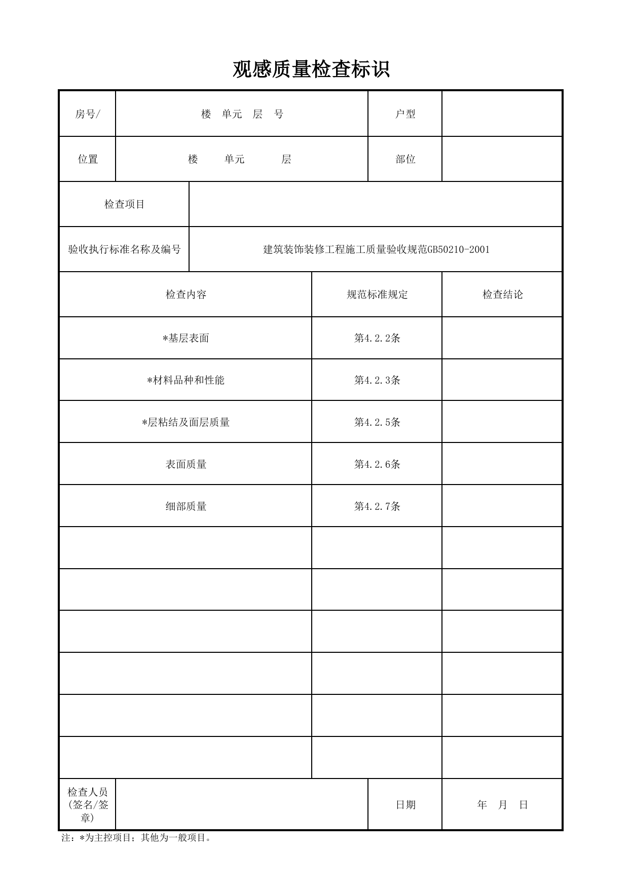 观感质量检查标识_普通抹灰墙面_一般抹灰墙面_墙面、地面和顶棚面层质量_检查标识样表_分户验收 京建质(2009)383号文【废止】_检验批质量验收记录_C7 过程验收资料_C 施工资料 第 1 页