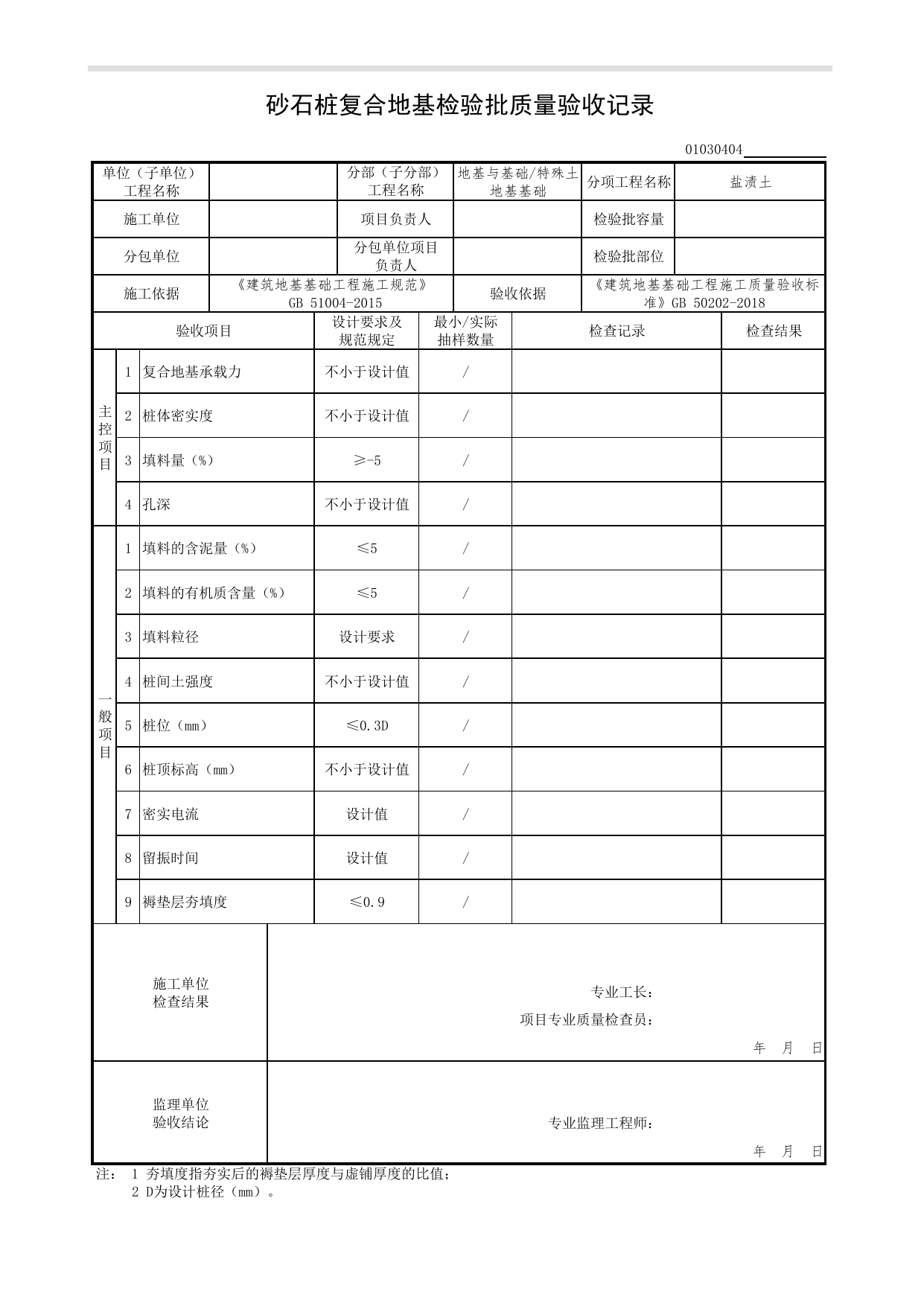 01030404_砂石桩复合地基检验批质量验收记录_010304_盐渍土_0103_特殊土地基基础_01地基与基础(GB50202-2018)_检验批质量验收记录_C7 过程验收资料_C 施工资料 第 1 页
