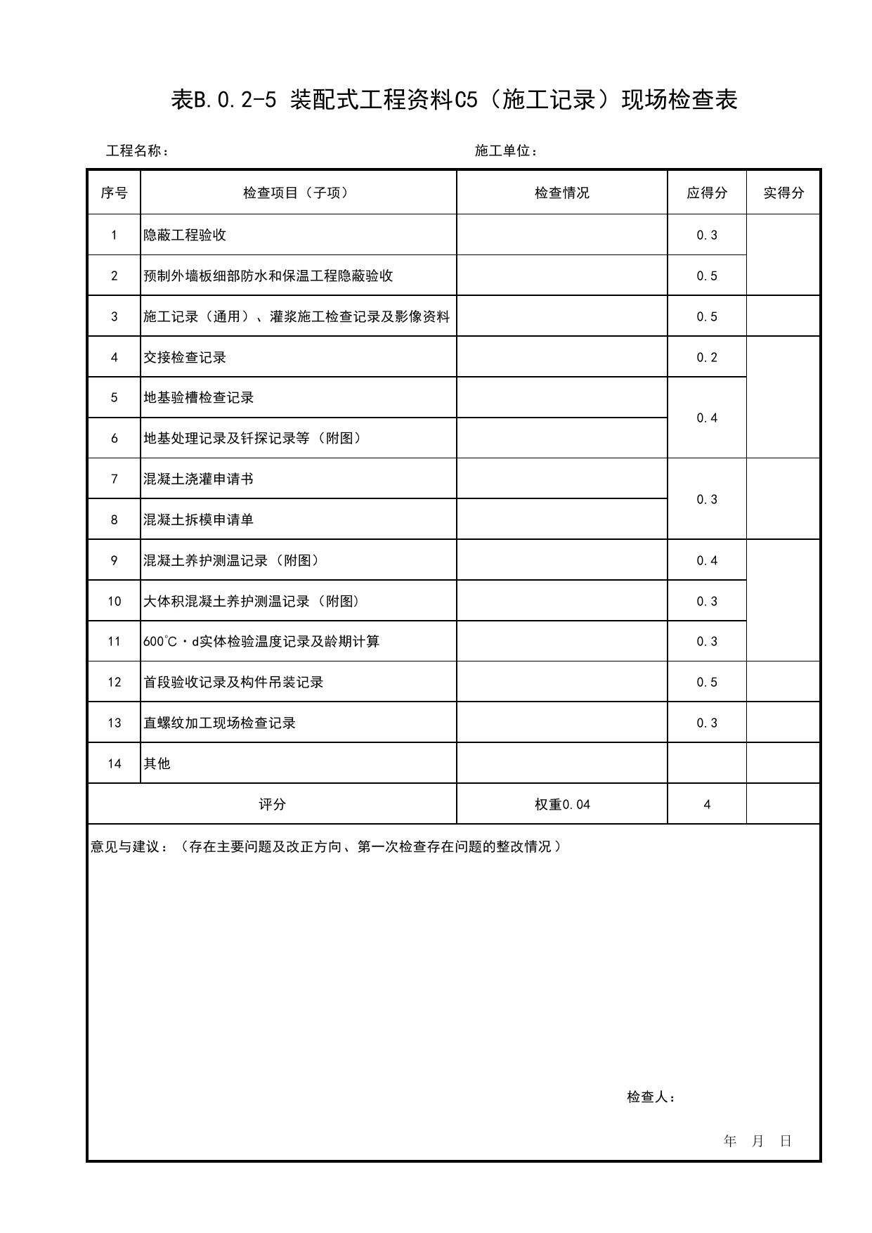 表B.0.2-5 装配式工程资料C5(施工记录)现场检查表_附录B 建筑结构工程质量评价装配式结构工程现场检查表_北京市建筑(长城)结构优质工程质量评价标准 T_BCQMS01-2024_长城杯评审表 第 1 页