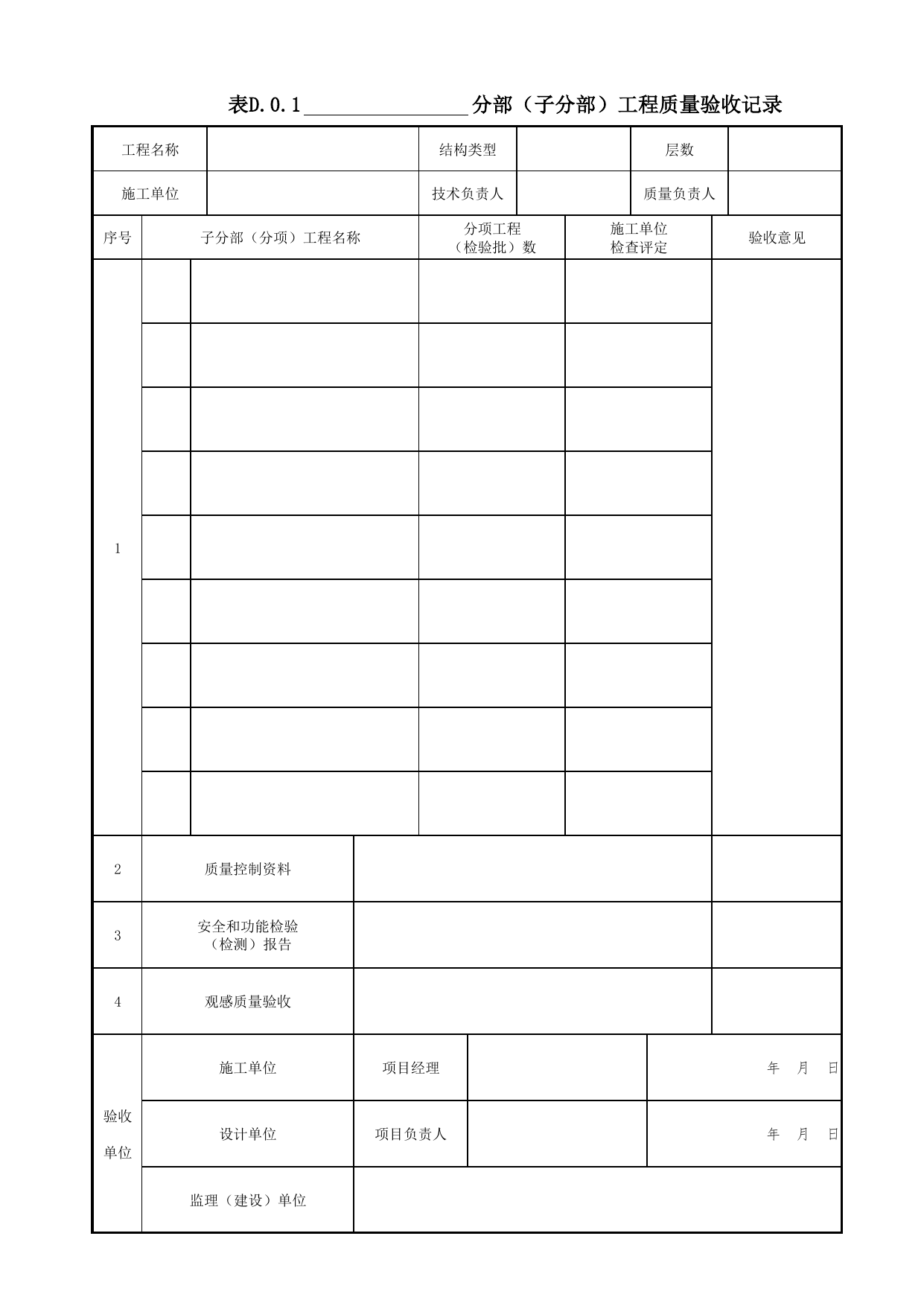 表D.0.1 _分部(子分部)工程质量验收记录_附录D 分部(子分部)工程验收记录_智能建筑工程质量验收规范 GB 50339-2013_C7 过程验收资料_C 施工资料_北京市建筑工程资料管理规程DB11-T695-2017 第 1 页