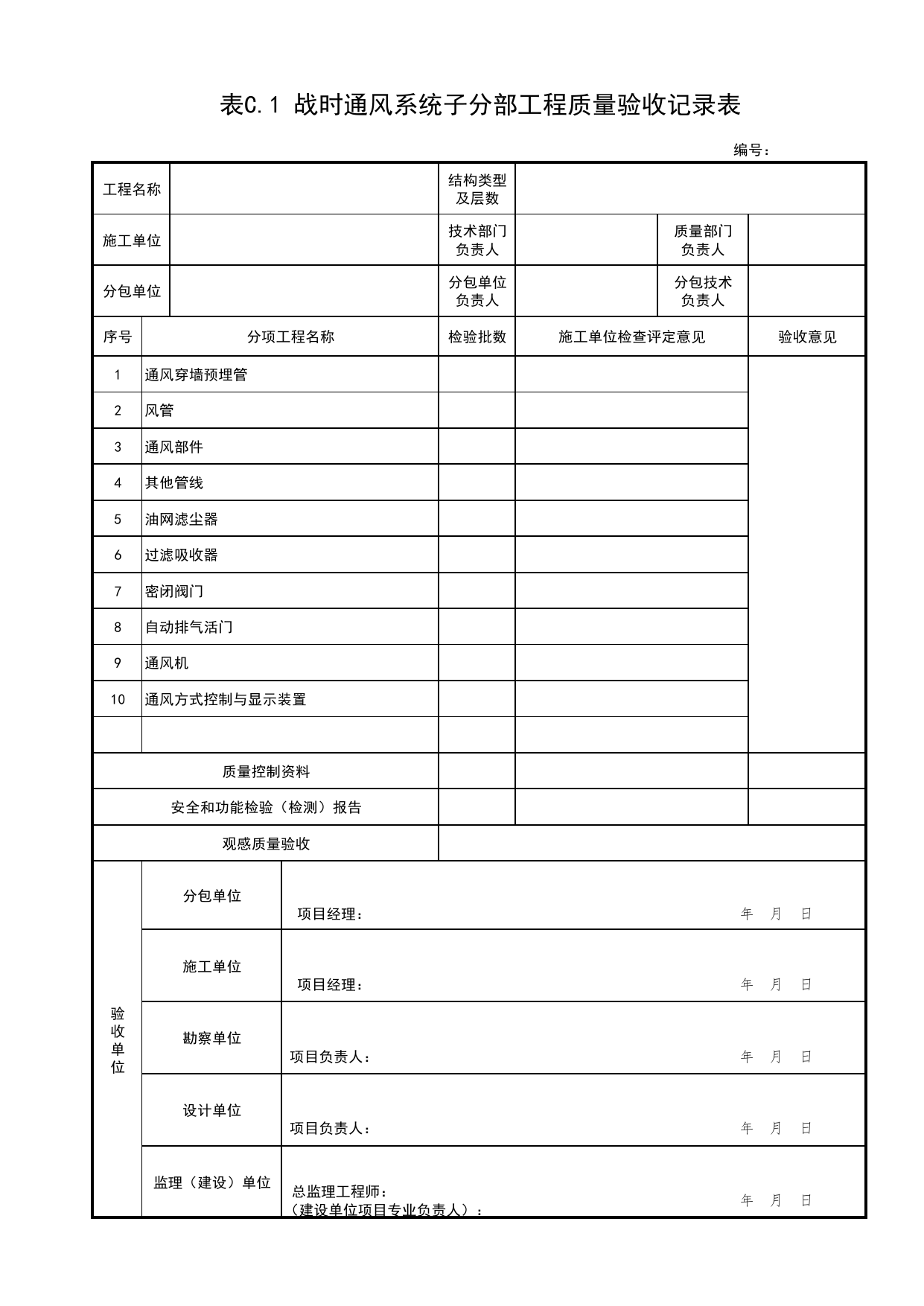 表C.1 战时通风系统子分部工程质量验收记录表_人民防空工程战时通风系统验收技术规程 DB11_T1518-2018_人防资料_北京市建筑工程资料管理规程DB11-T695-2017 第 1 页