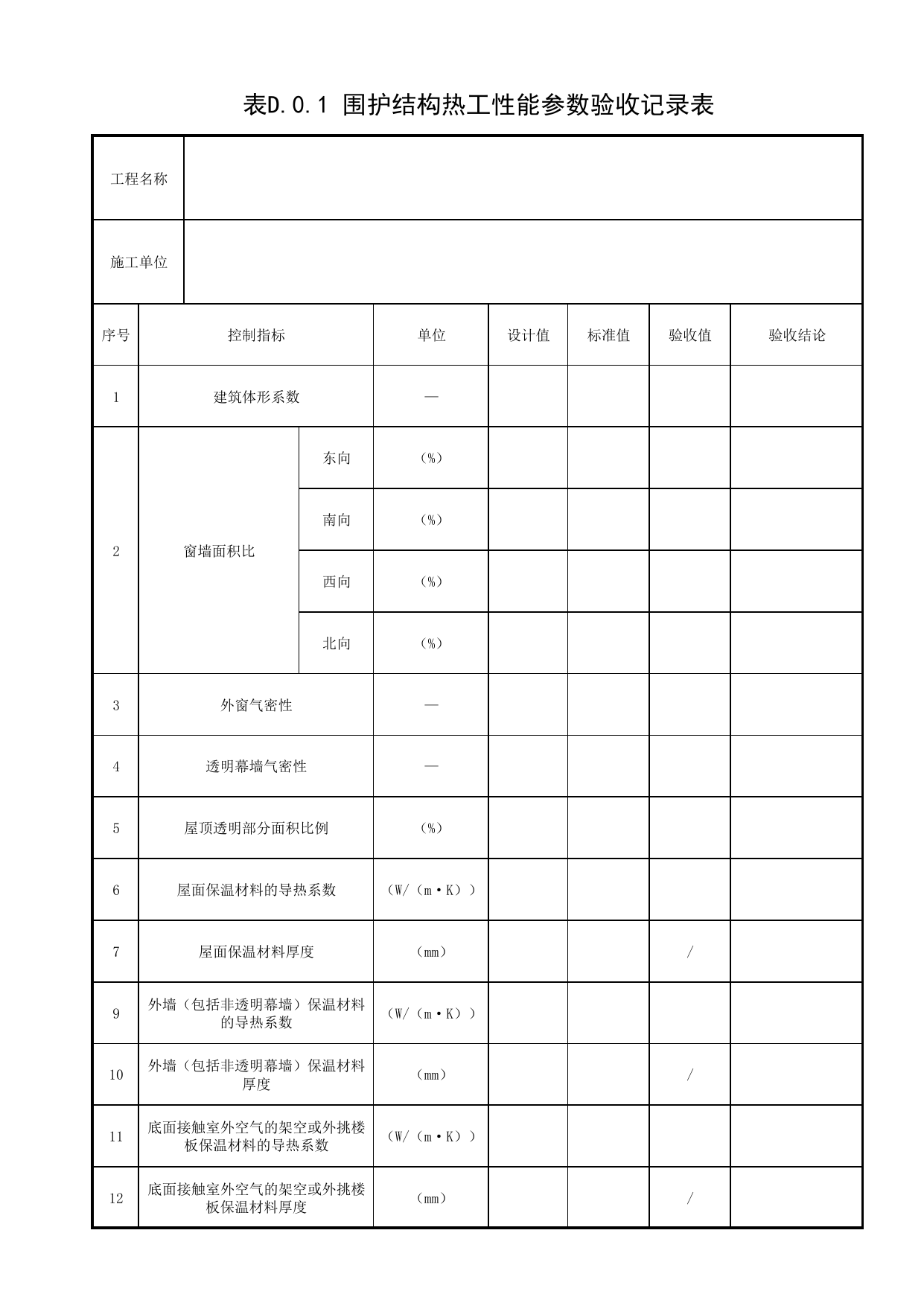 表D.0.1 围护结构热工性能参数验收记录表_附录D 围护结构热工性能参数验收记录表_绿色建筑工程验收规范 DB11_T1315-2015_北京市建筑工程资料管理规程DB11-T695-2017 第 1 页