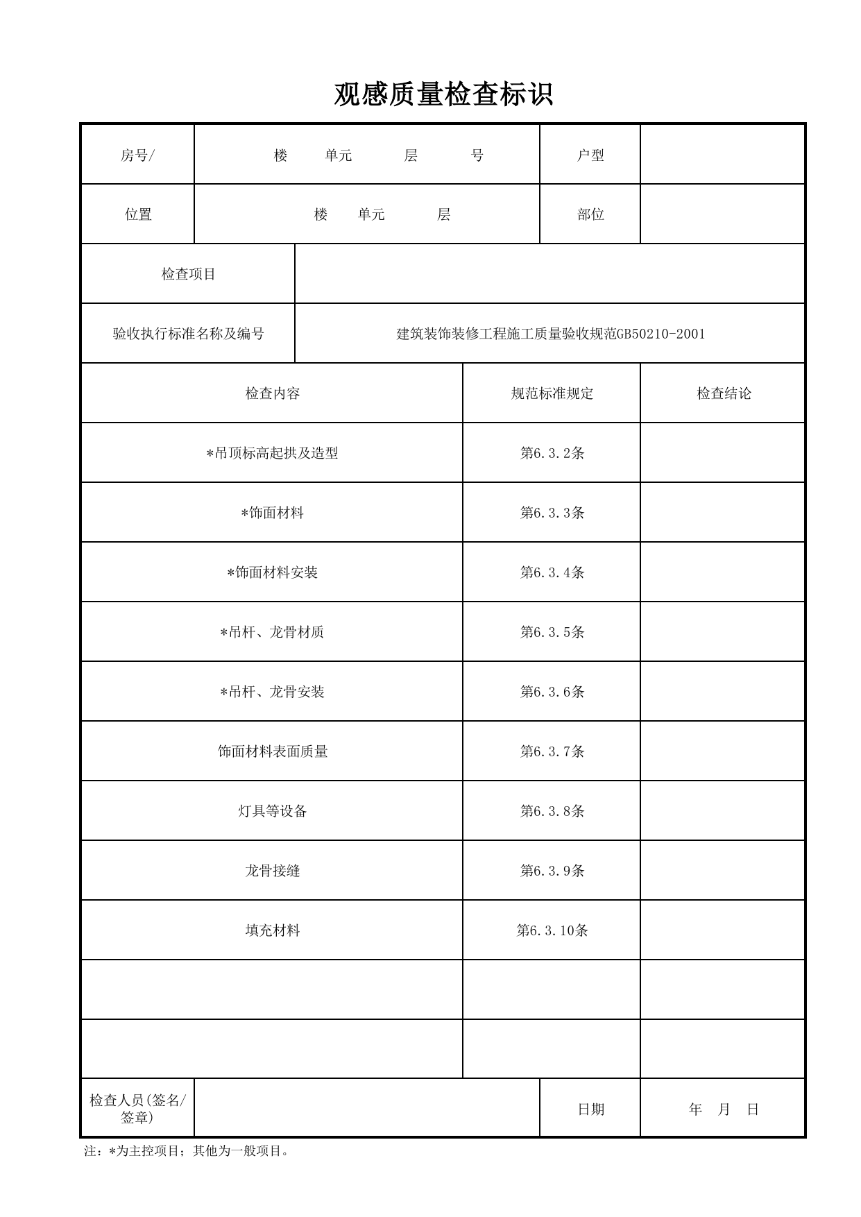 观感质量检查标识_明龙骨石膏板吊顶_明龙骨吊顶_墙面、地面和顶棚面层质量_检查标识样表_分户验收 京建质(2009)383号文【废止】_检验批质量验收记录_C7 过程验收资料_C 施工资料 第 1 页