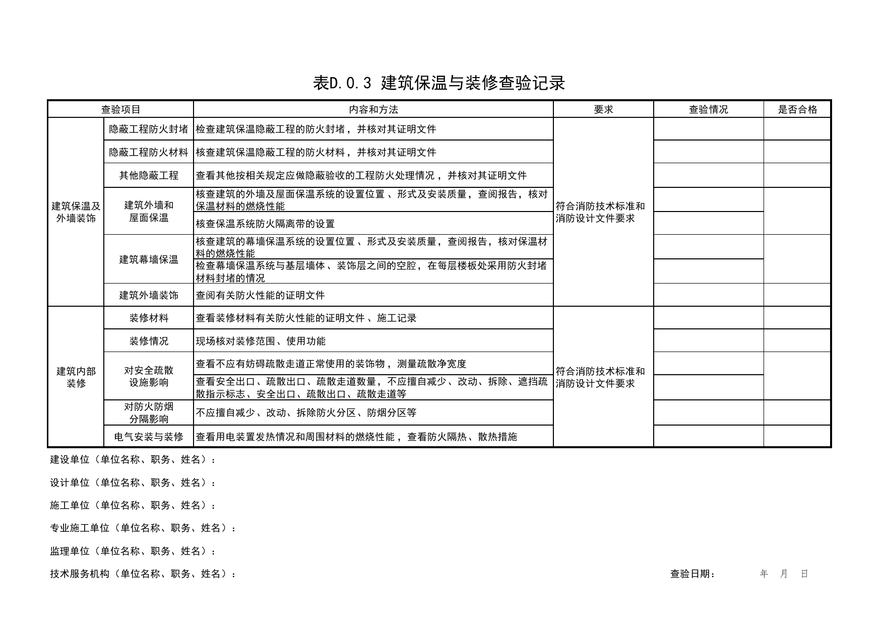 表D.0.3 建筑保温与装修查验记录_附录D建筑工程消防施工质量查验记录_《建筑工程消防施工质量验收规范》DB11_T2000-2022_消防资料_北京市建筑工程资料管理规程DB11-T695-2017 第 1 页