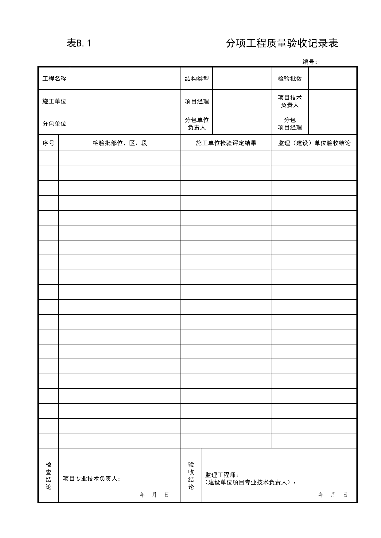 表B.1 分项工程质量验收记录表(汇总表)_人民防空工程战时通风系统验收技术规程 DB11_T1518-2018_人防资料_北京市建筑工程资料管理规程DB11-T695-2017 第 1 页