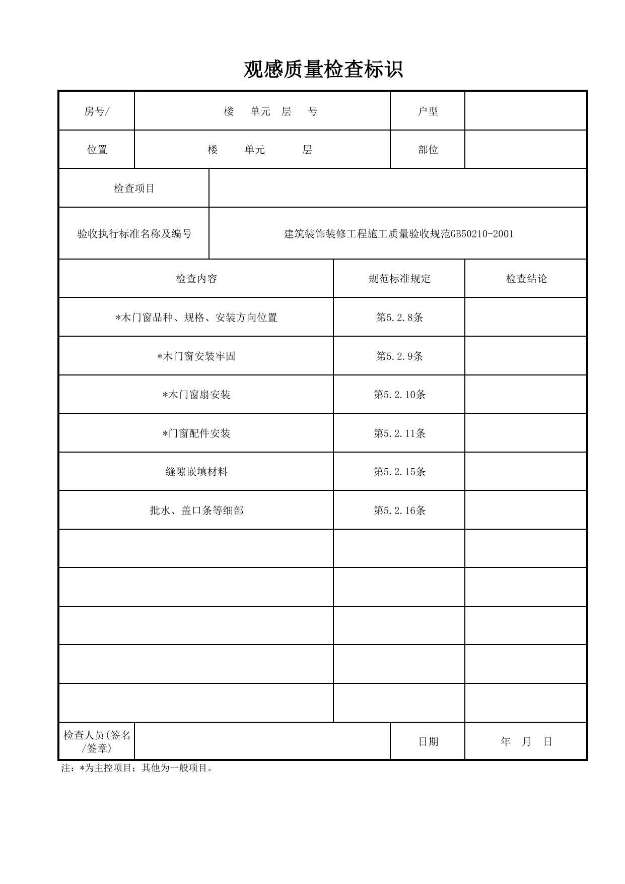 观感质量检查标识_木门窗(普通装修)_木门窗_门窗安装质量_检查标识样表_分户验收 京建质(2009)383号文【废止】_检验批质量验收记录_C7 过程验收资料_C 施工资料 第 1 页