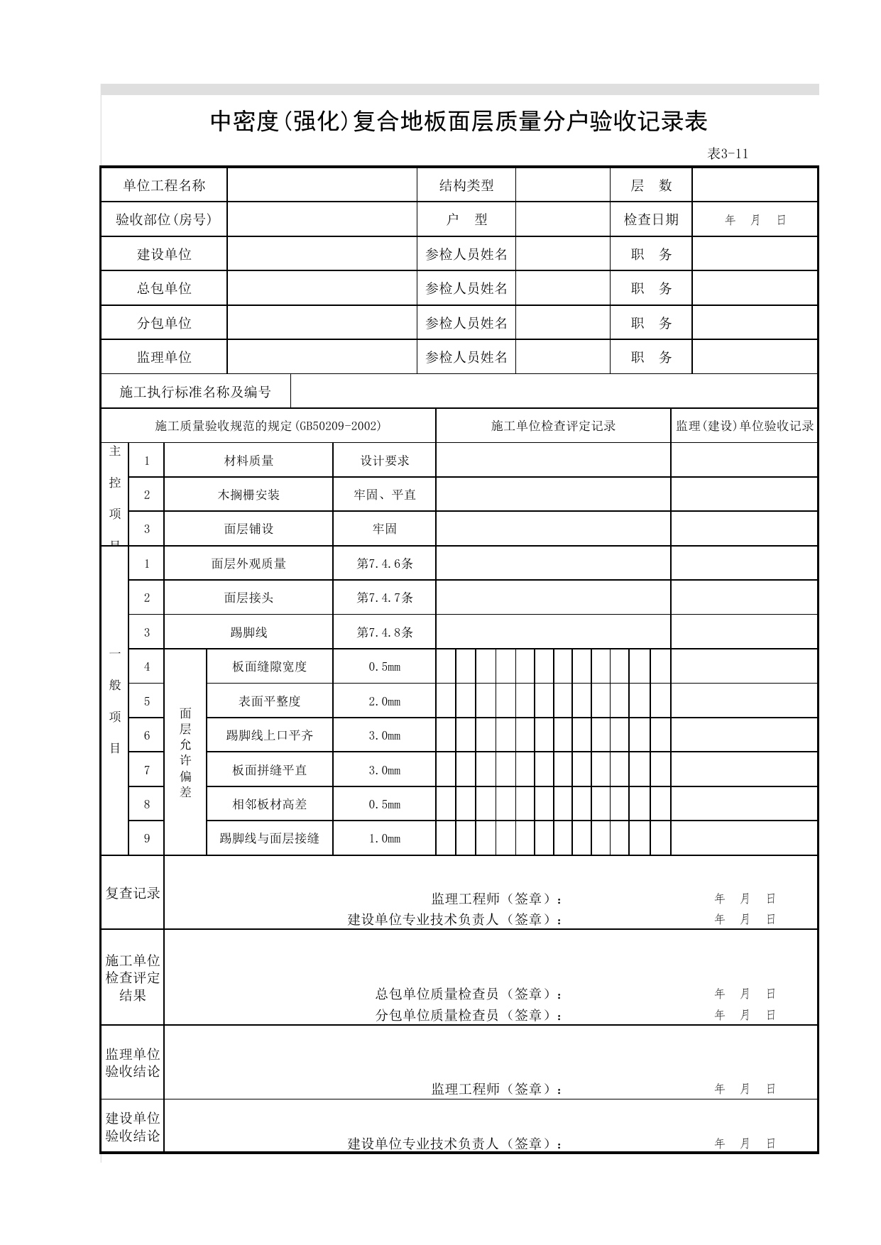 3-11_中密度(强化)复合地板面层质量分户验收记录表_FH-3_地面、墙面面层质量_分户验收用表《旧-京建质(2006)139号文》_分户验收 京建质(2009)383号文【废止】_检验批质量验收记录 第 1 页