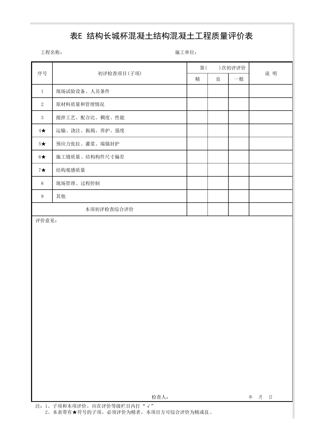 表E 结构长城杯混凝土结构混凝土工程质量评价表_建筑结构长城杯工程质量评审标准 DB11_T1074-2014_长城杯评审表_北京市建筑工程资料管理规程DB11-T695-2017 第 1 页