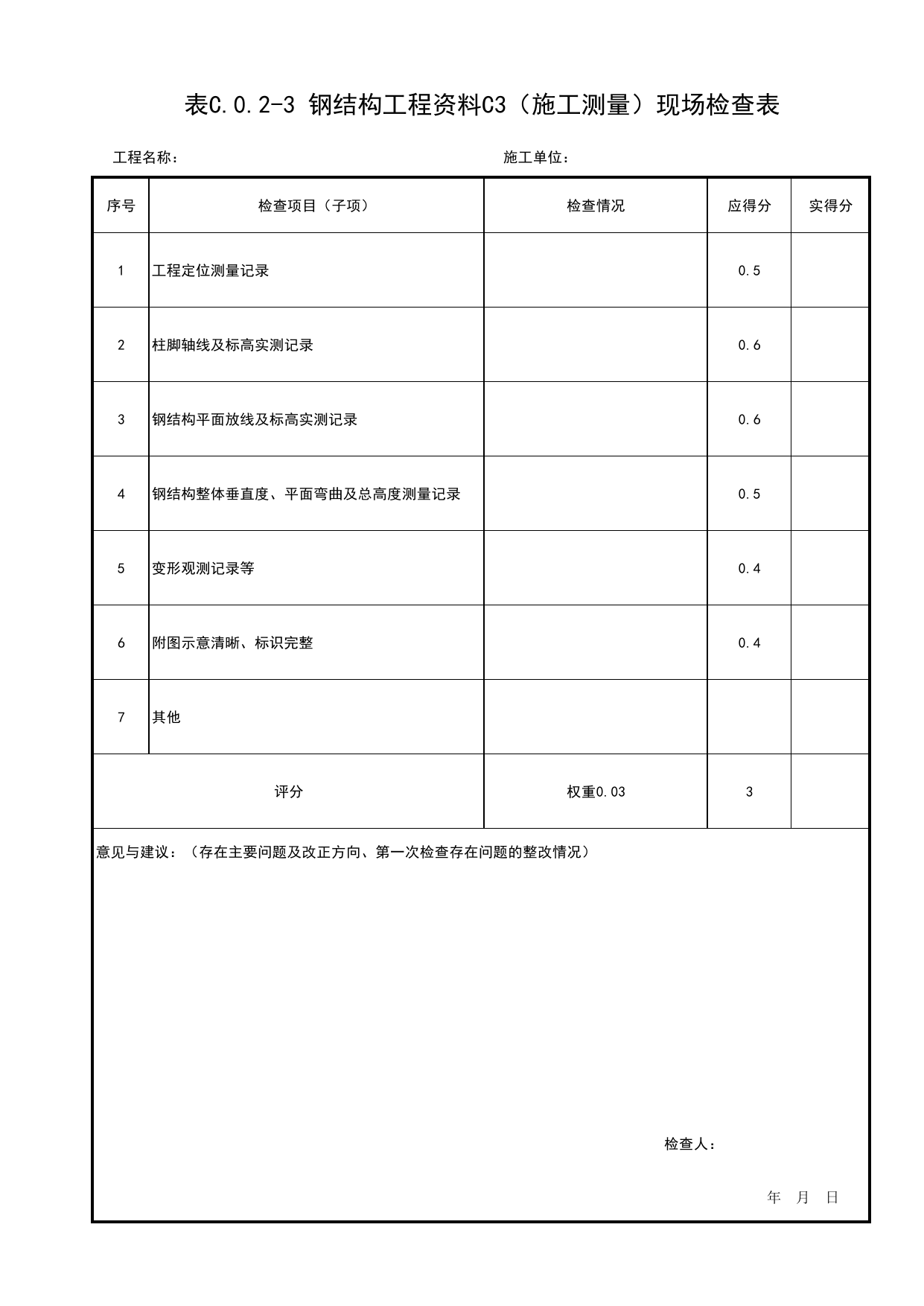 表C.0.2-3 钢结构工程资料C3(施工测量)现场检查表_附录C 建筑结构工程质量评价钢结构工程现场检查表_北京市建筑(长城)结构优质工程质量评价标准 T_BCQMS01-2024_长城杯评审表 第 1 页