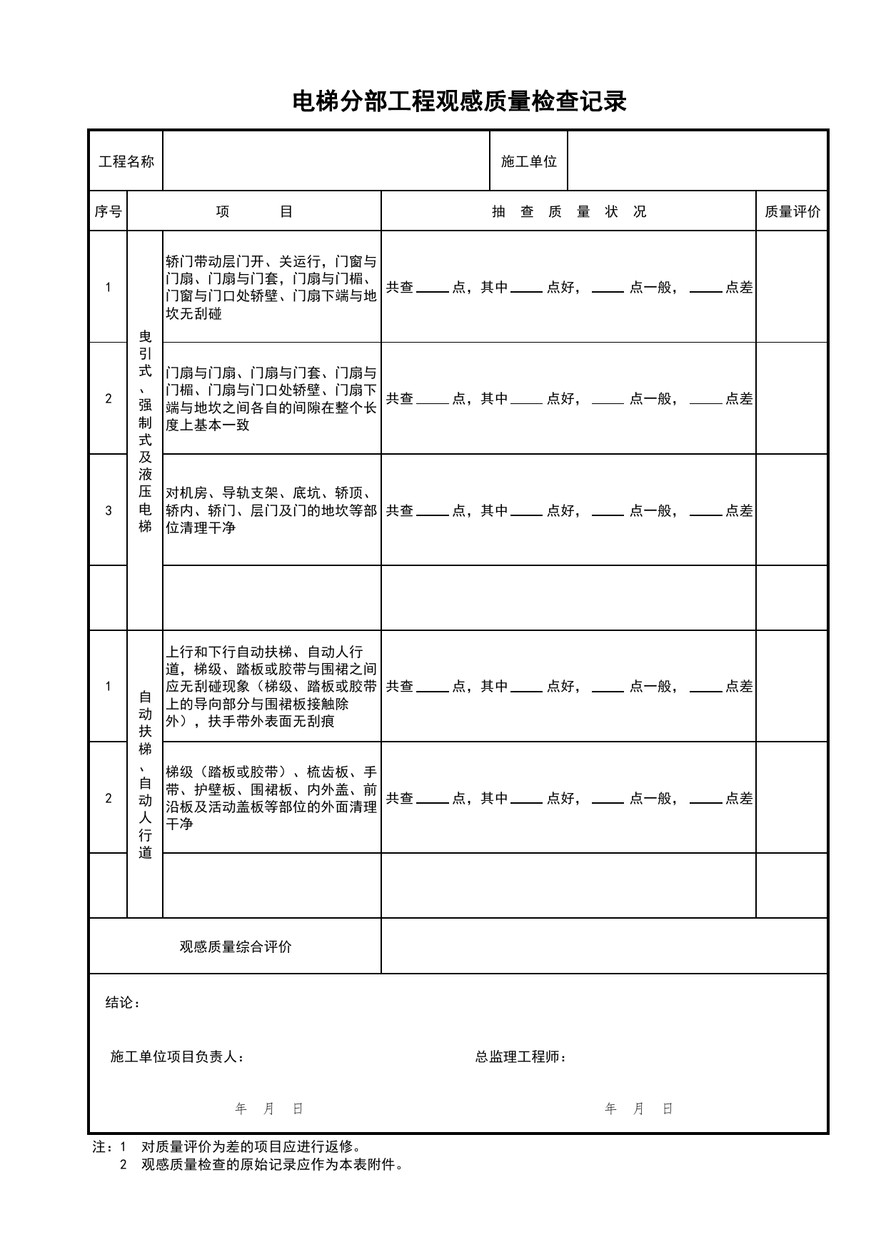 电梯分部工程观感质量检查记录_分部工程观感质量检查记录_C7 过程验收资料_C 施工资料_北京市建筑工程资料管理规程DB11-T695-2017 第 1 页