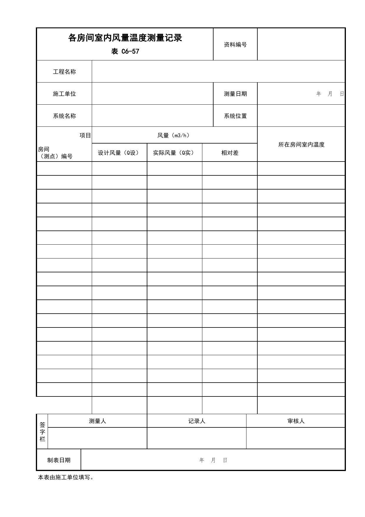 表C6-57 各房间室内风量温度测量记录_通风与空调工程_C6 施工试验资料_C 施工资料_北京市建筑工程资料管理规程DB11-T695-2017 第 1 页