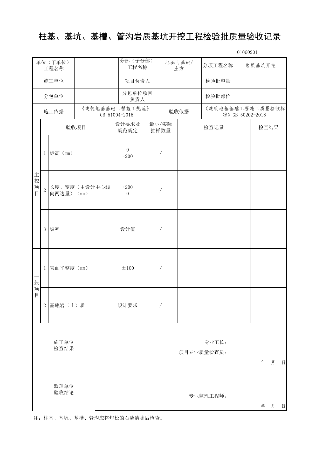01060201_柱基、基坑、基槽、管沟岩质基坑开挖工程检验批质量验收记录_010602_岩质基坑开挖_0106_土方_01地基与基础(GB50202-2018)_检验批质量验收记录_C7 过程验收资料_C 施工资料 第 1 页
