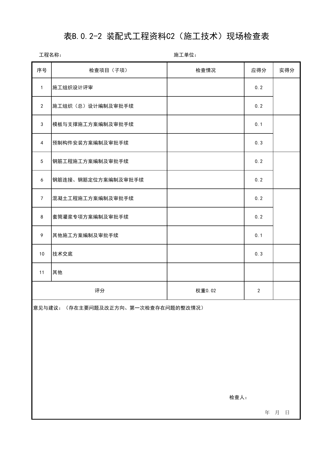 表B.0.2-2 装配式工程资料C2(施工技术)现场检查表_附录B 建筑结构工程质量评价装配式结构工程现场检查表_北京市建筑(长城)结构优质工程质量评价标准 T_BCQMS01-2024_长城杯评审表 第 1 页