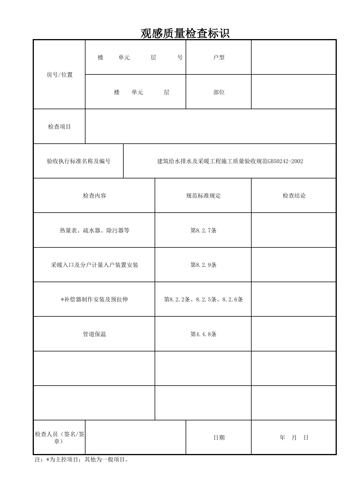 观感质量检查标识_公共部位采暖系统_采暖系统_采暖、制冷、通风系统安装质量_检查标识样表_分户验收 京建质(2009)383号文【废止】_检验批质量验收记录_C7 过程验收资料_C 施工资料 第 1 页