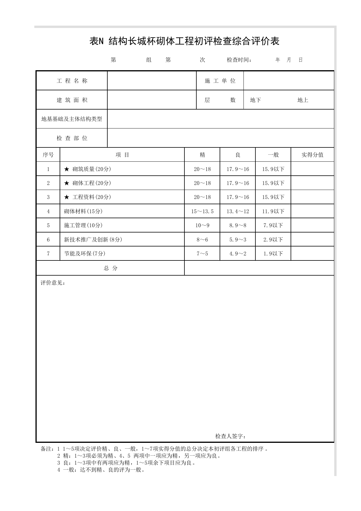 表N 结构长城杯砌体工程初评检查综合评价表_建筑结构长城杯工程质量评审标准 DB11_T1074-2014_长城杯评审表_北京市建筑工程资料管理规程DB11-T695-2017 第 1 页