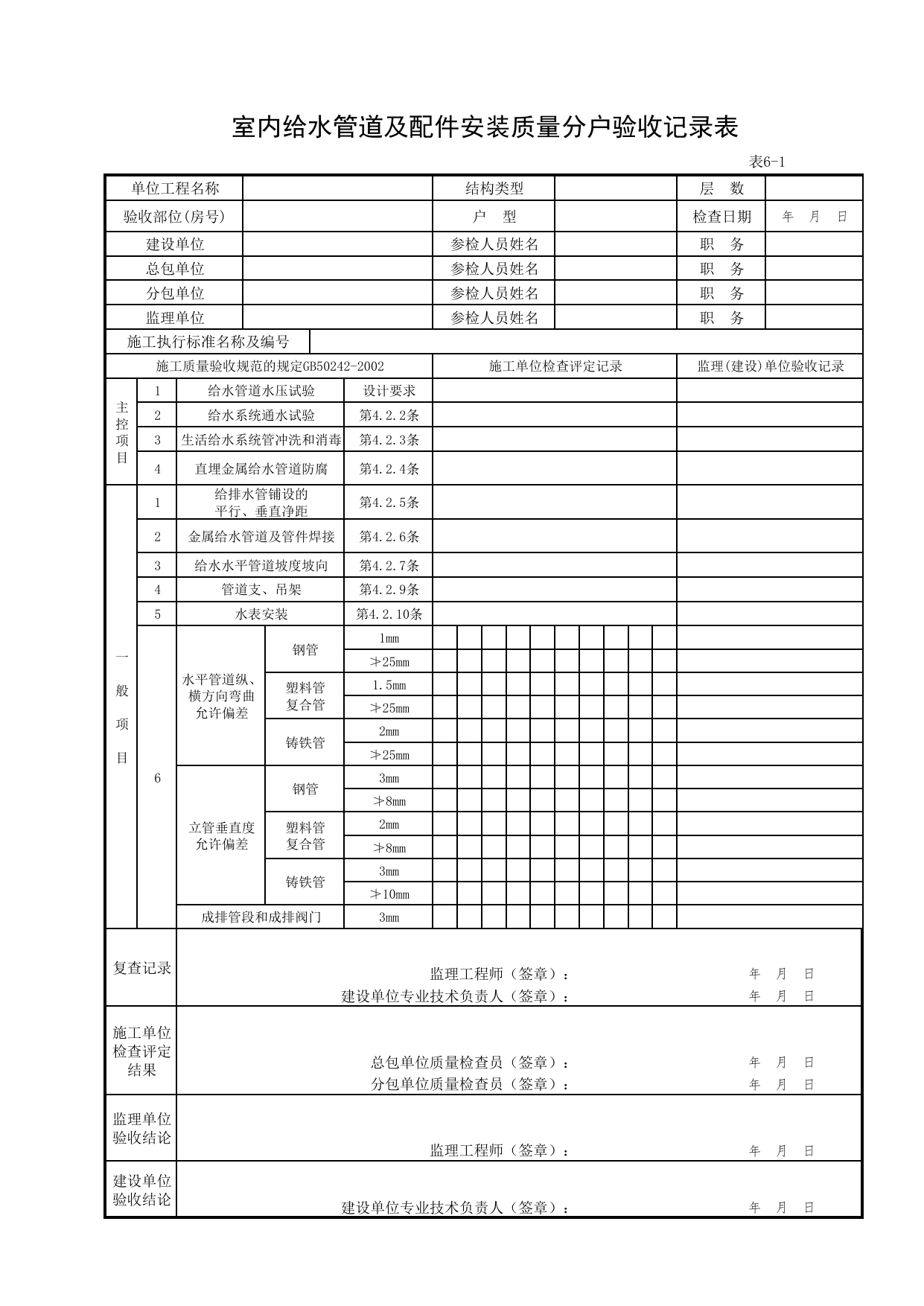 6-01_室内给水管道及配件安装质量分户验收记录表_FH-6_给水、排水系统安装质量_分户验收用表《旧-京建质(2006)139号文》_分户验收 京建质(2009)383号文【废止】_检验批质量验收记录 第 1 页