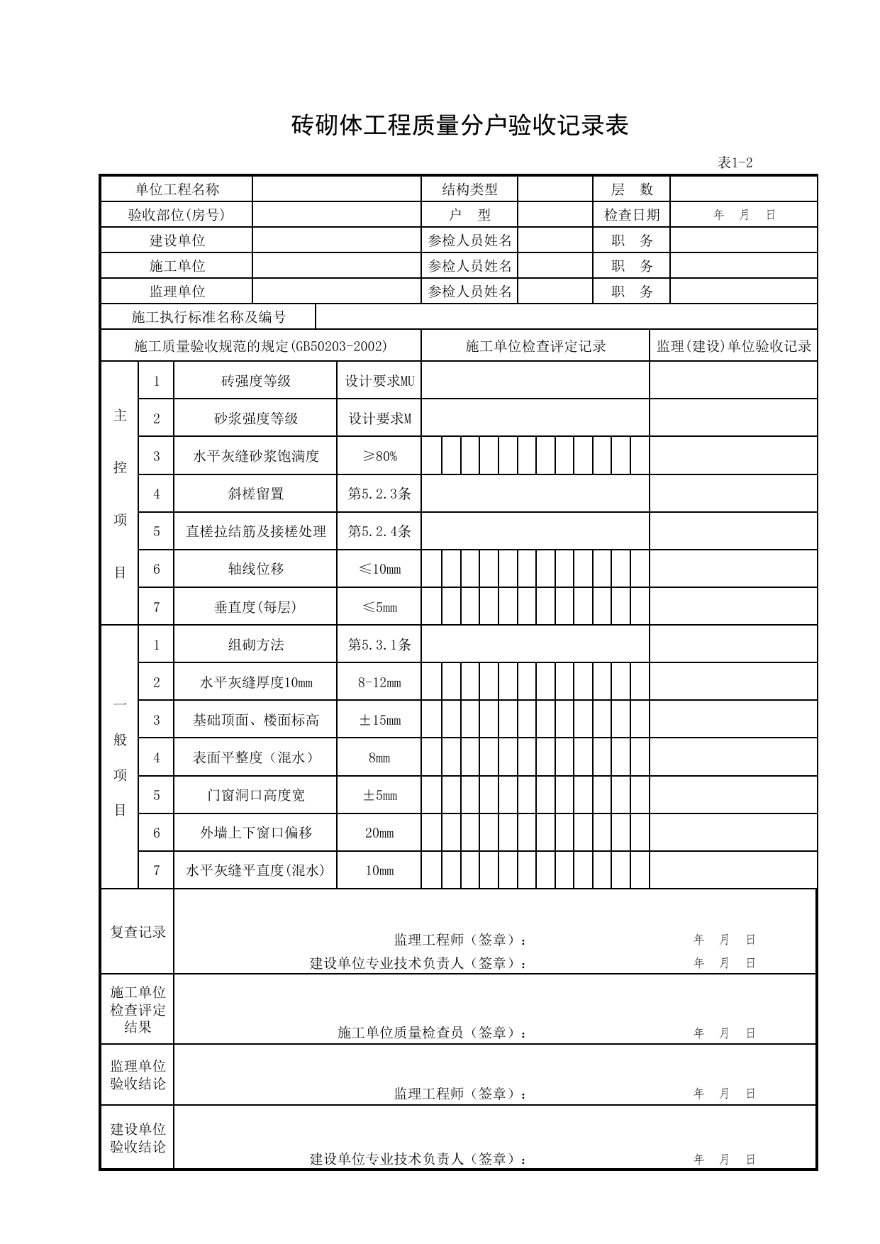 1-02_砖砌体工程质量分户验收记录表_FH-1_建筑结构外观及尺寸偏差_分户验收用表《旧-京建质(2006)139号文》_分户验收 京建质(2009)383号文【废止】_检验批质量验收记录_C7 过程验收资料 第 1 页