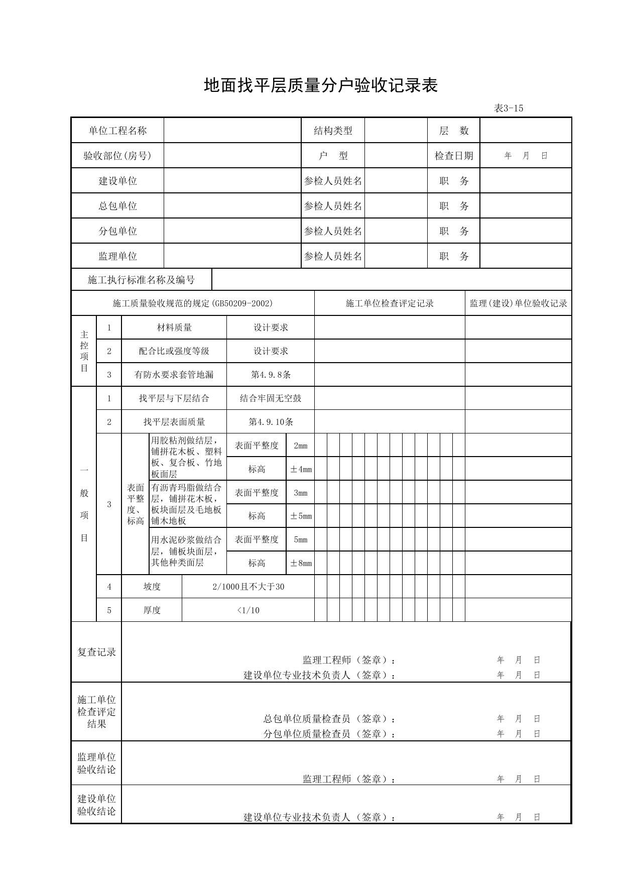 3-15_地面找平层质量分户验收记录表_FH-3_地面、墙面面层质量_分户验收用表《旧-京建质(2006)139号文》_分户验收 京建质(2009)383号文【废止】_检验批质量验收记录_C7 过程验收资料 第 1 页