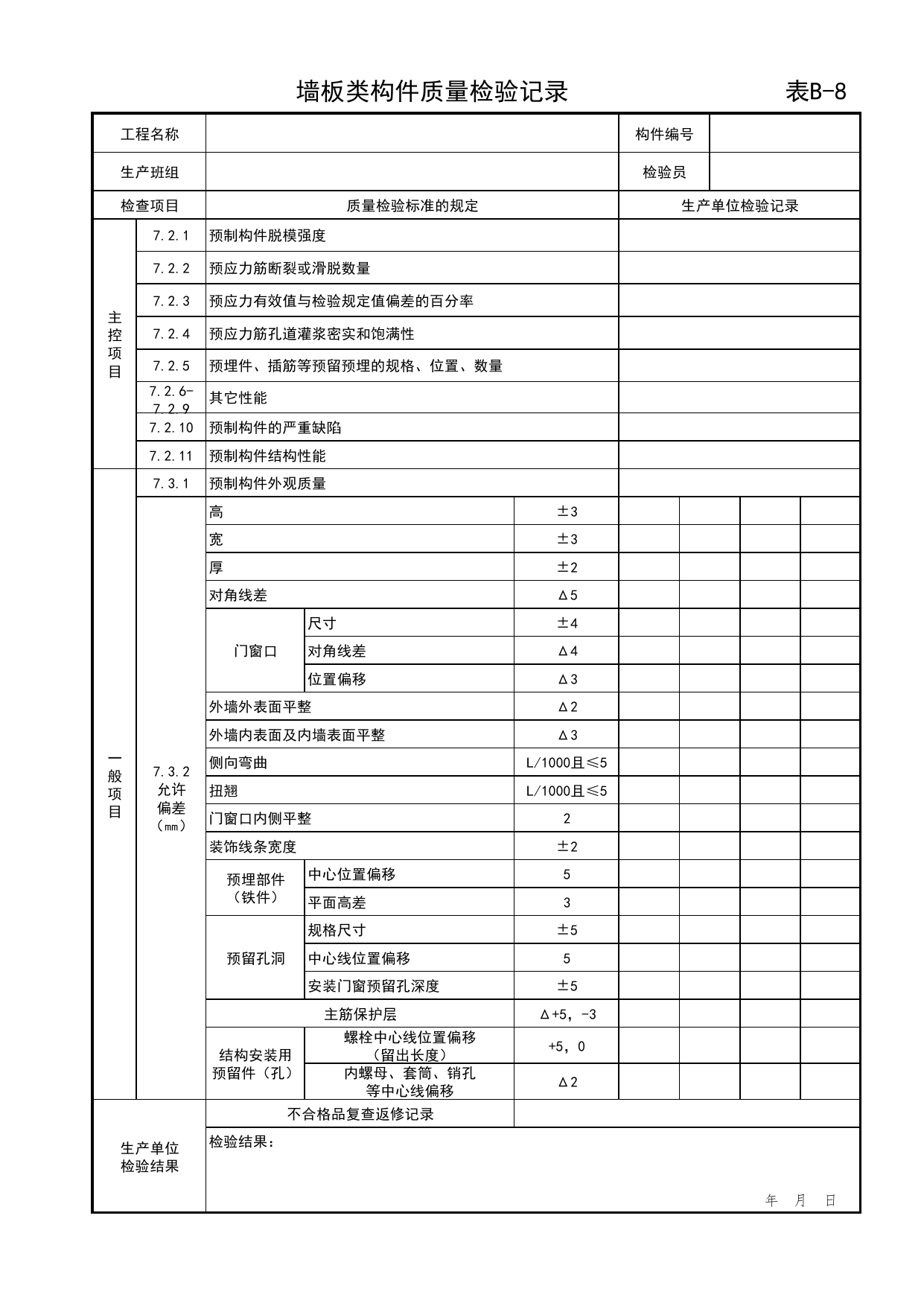 表B-8 墙板类构件质量检验记录_附录B 质量检验常用表格_预制混凝土构件质量检验标准 DB11_T968-2013【废止】_北京市建筑工程资料管理规程DB11-T695-2017 第 1 页
