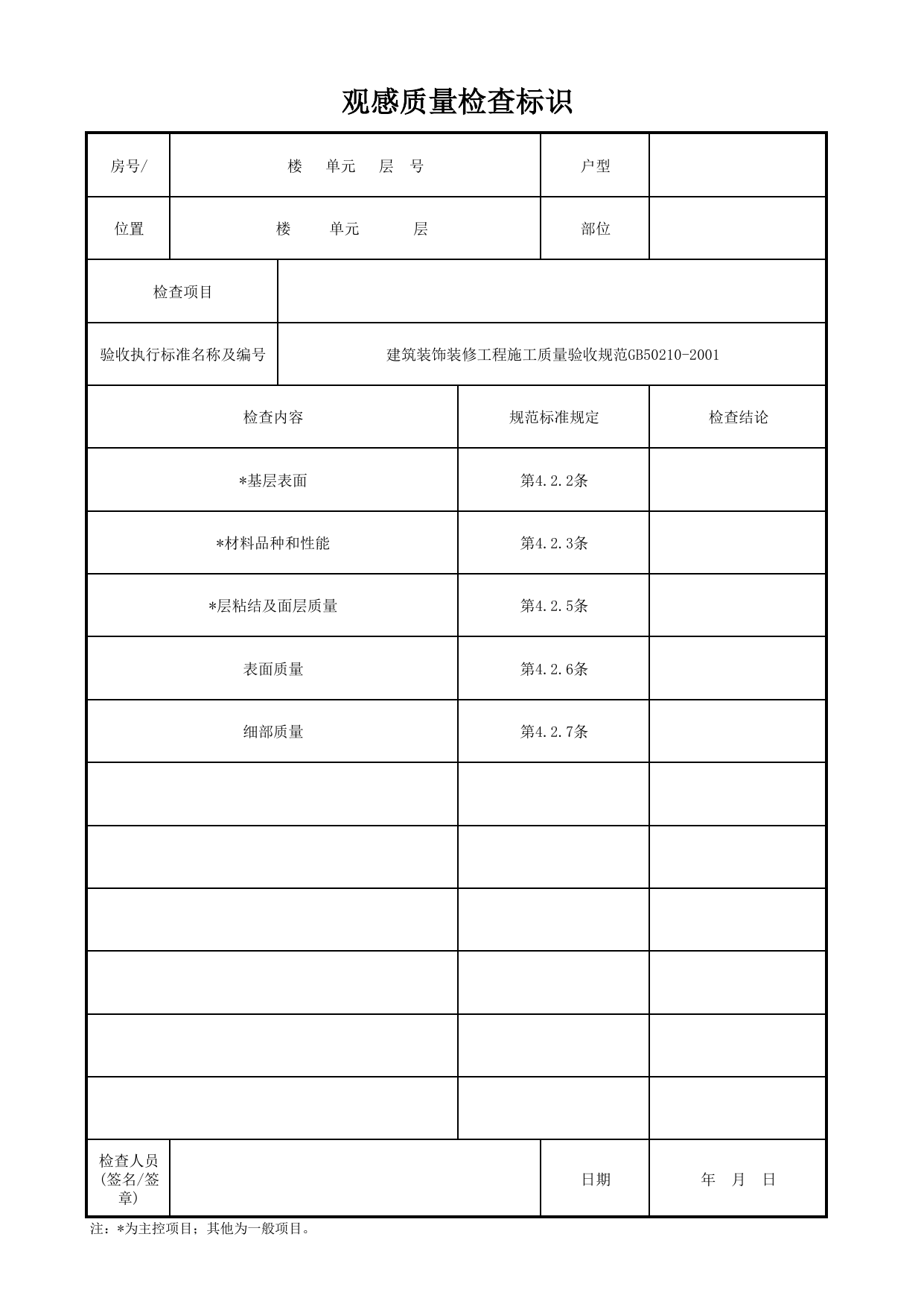 观感质量检查标识_高级抹灰墙面_一般抹灰墙面_墙面、地面和顶棚面层质量_检查标识样表_分户验收 京建质(2009)383号文【废止】_检验批质量验收记录_C7 过程验收资料_C 施工资料 第 1 页