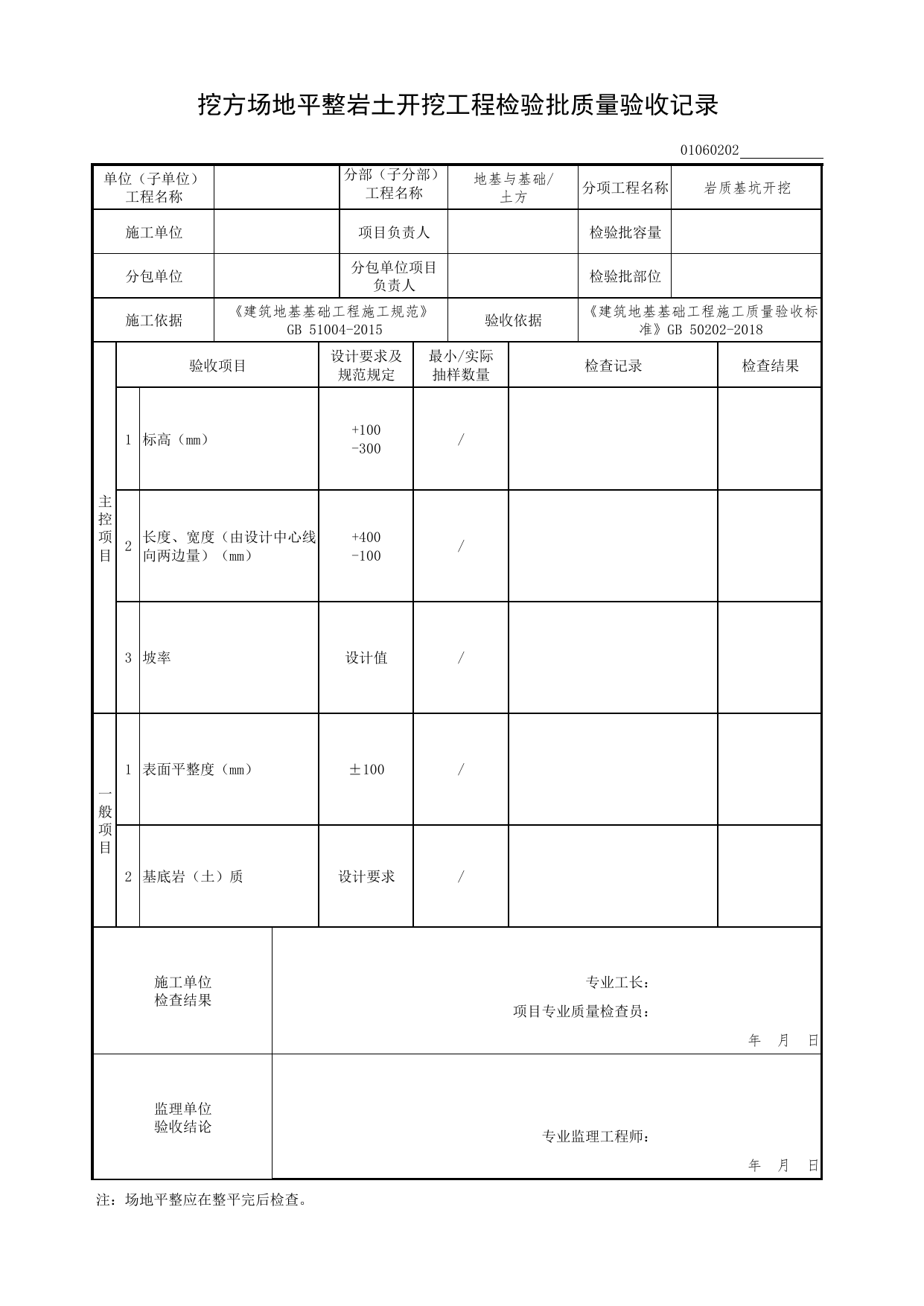 01060202_挖方场地平整岩土开挖工程检验批质量验收记录_010602_岩质基坑开挖_0106_土方_01地基与基础(GB50202-2018)_检验批质量验收记录_C7 过程验收资料_C 施工资料 第 1 页