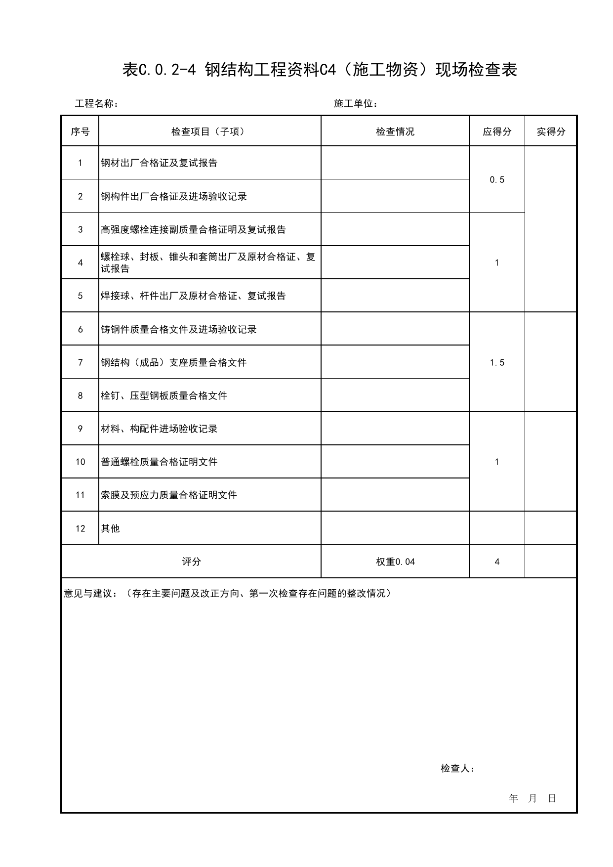 表C.0.2-4 钢结构工程资料C4(施工物资)现场检查表_附录C 建筑结构工程质量评价钢结构工程现场检查表_北京市建筑(长城)结构优质工程质量评价标准 T_BCQMS01-2024_长城杯评审表 第 1 页