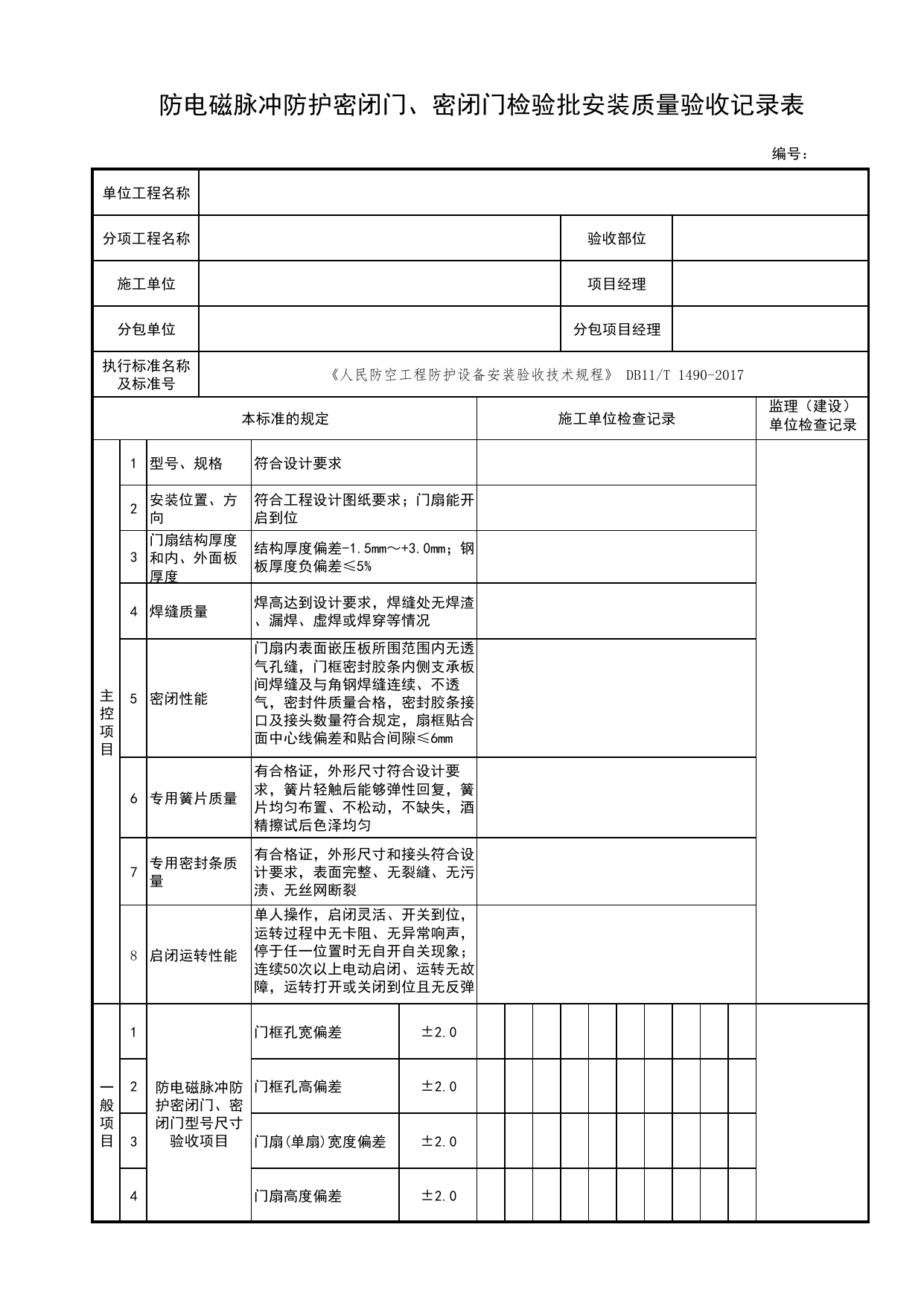 防电磁脉冲防护密闭门、密闭门检验批安装质量验收记录表_人民防空工程防护设备安装验收技术规程 DB11_T1490-2017_人防资料_北京市建筑工程资料管理规程DB11-T695-2017 第 1 页