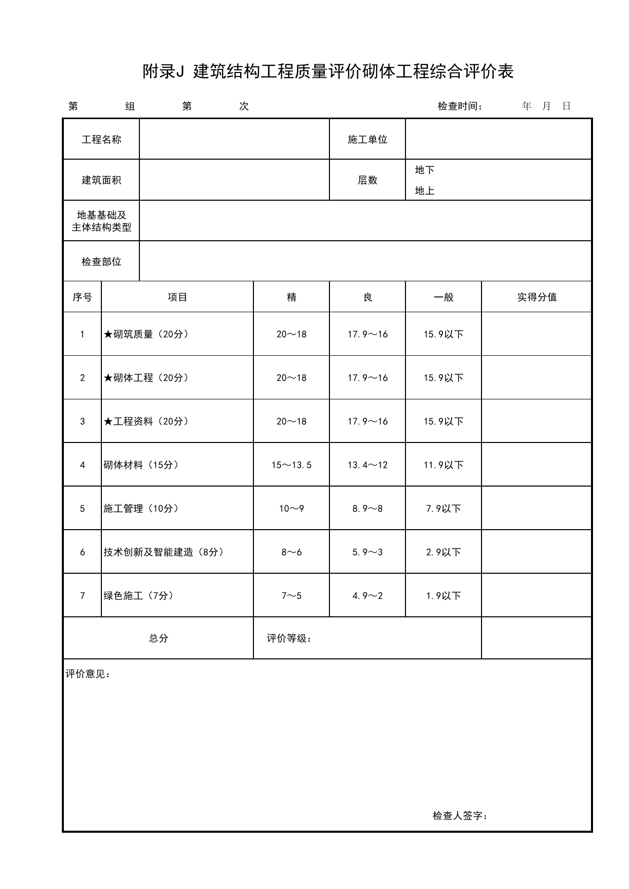 附录J 建筑结构工程质量评价砌体工程综合评价表_北京市建筑(长城)结构优质工程质量评价标准 T_BCQMS01-2024_长城杯评审表_北京市建筑工程资料管理规程DB11-T695-2017 第 1 页