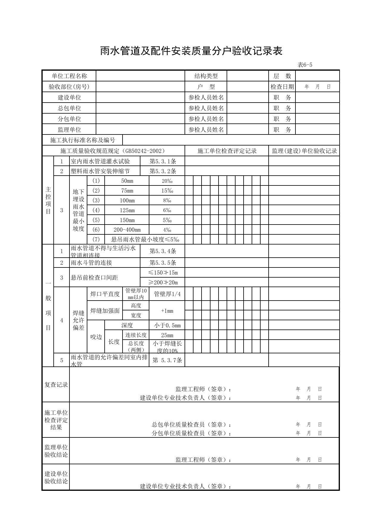 6-05_雨水管道及配件安装质量分户验收记录表_FH-6_给水、排水系统安装质量_分户验收用表《旧-京建质(2006)139号文》_分户验收 京建质(2009)383号文【废止】_检验批质量验收记录 第 1 页
