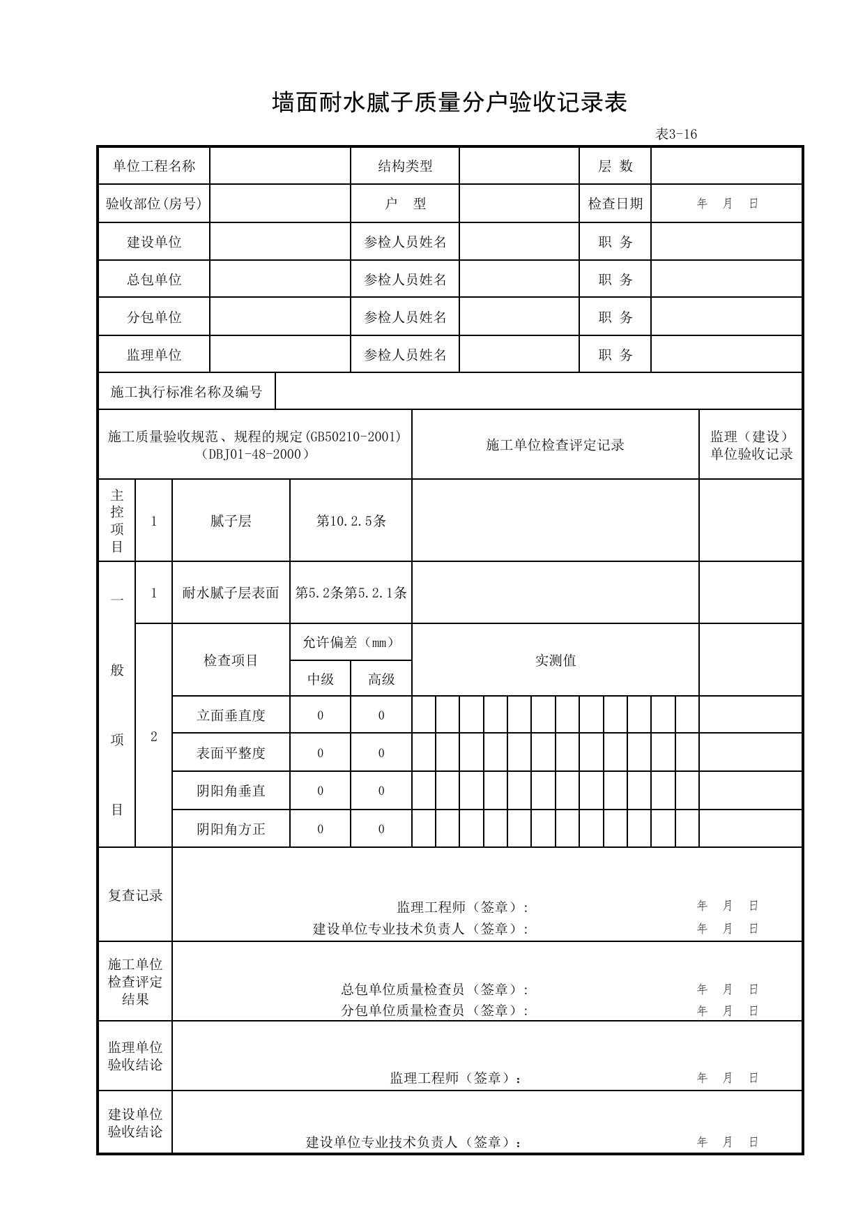 3-16_墙面耐水腻子质量分户验收记录表_FH-3_地面、墙面面层质量_分户验收用表《旧-京建质(2006)139号文》_分户验收 京建质(2009)383号文【废止】_检验批质量验收记录_C7 过程验收资料 第 1 页