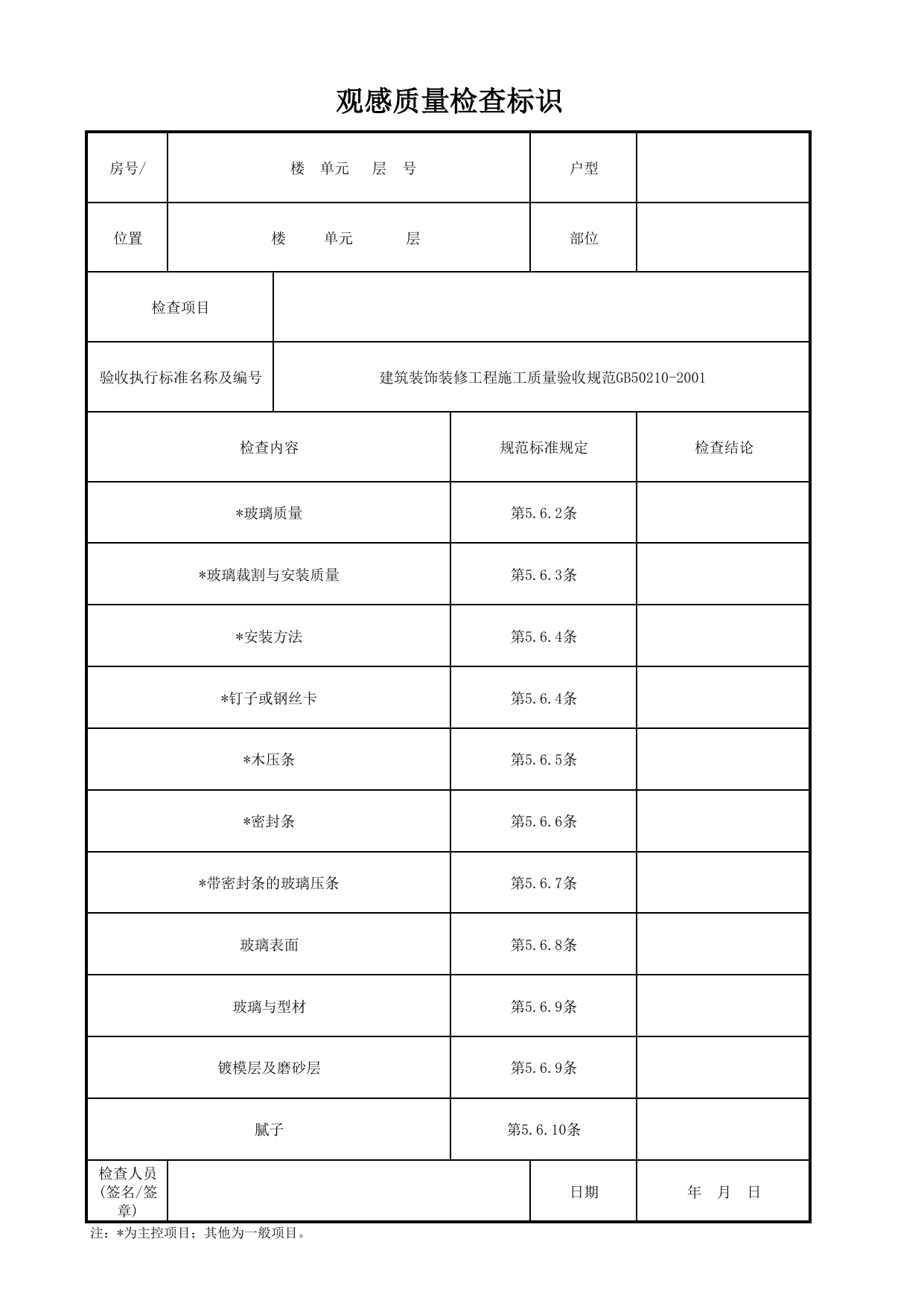 观感质量检查标识_门窗玻璃_门窗安装质量_检查标识样表_分户验收 京建质(2009)383号文【废止】_检验批质量验收记录_C7 过程验收资料_C 施工资料_北京市建筑工程资料管理规程DB11-T695-2017 第 1 页