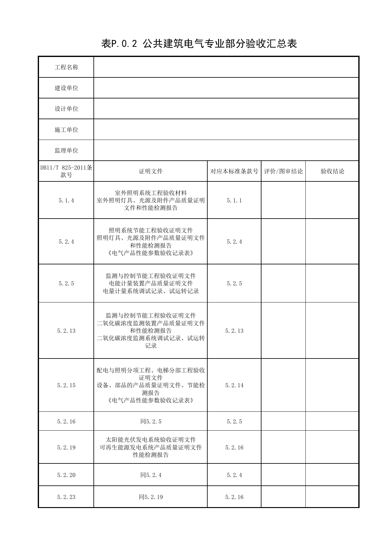 表P.0.2 公共建筑电气专业部分验收汇总表_附录P 电气专业部分验收汇总表_绿色建筑工程验收规范 DB11_T1315-2015_北京市建筑工程资料管理规程DB11-T695-2017 第 1 页