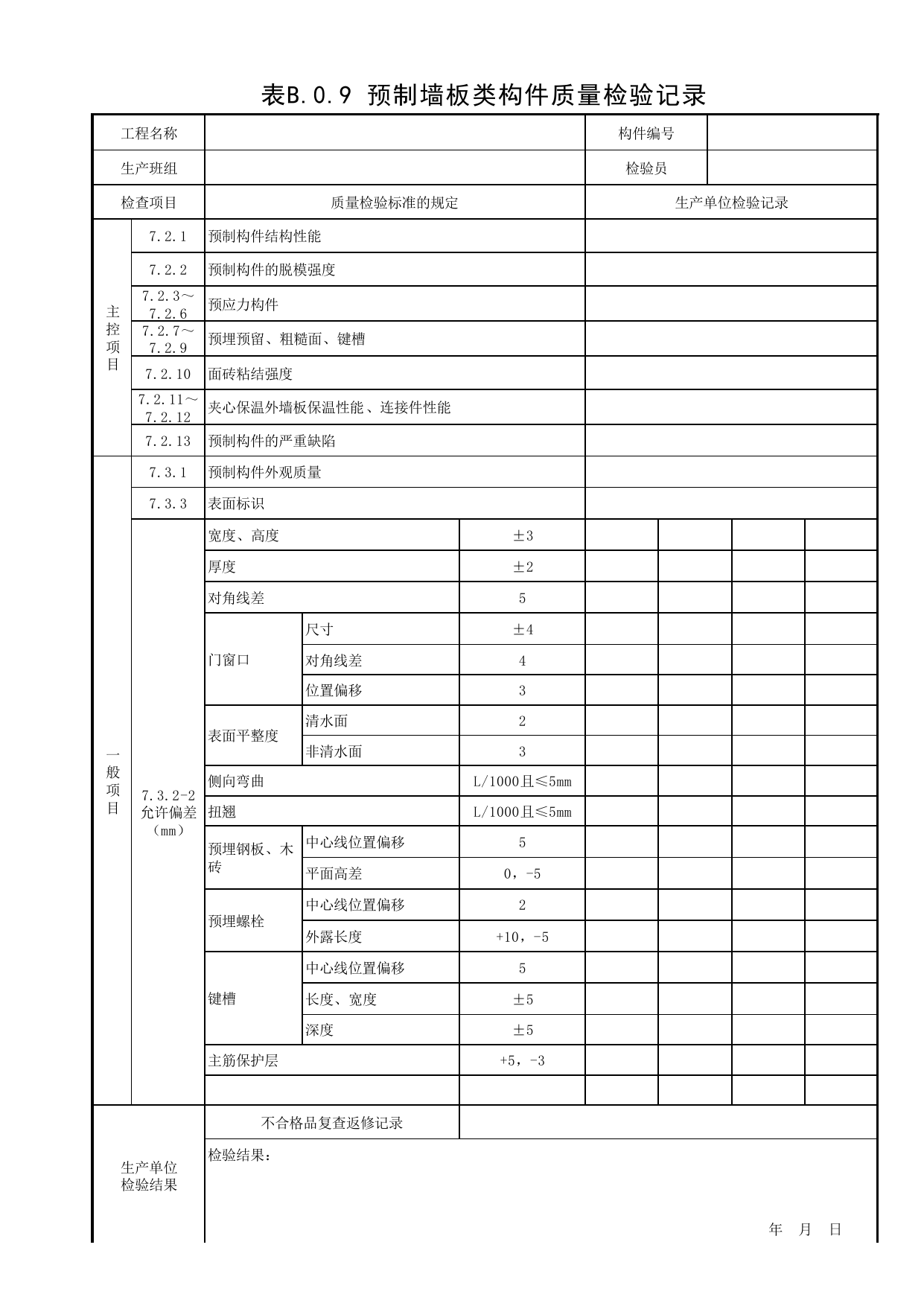表B.0.9 预制墙板类构件质量检验记录_附录B 质量检验常用表格_预制混凝土构件质量检验标准 DB11_T968-2021_北京市建筑工程资料管理规程DB11-T695-2017 第 1 页