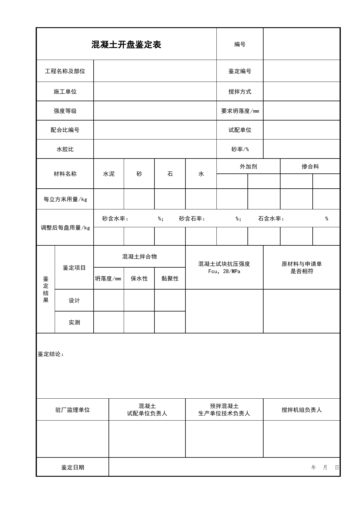 混凝土开盘鉴定表_驻厂监理表格_北京市建筑工程资料管理规程DB11-T695-2017 第 1 页