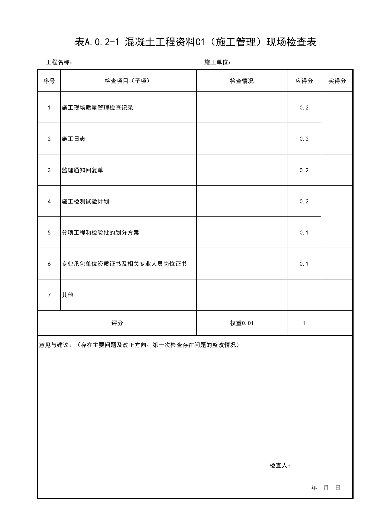表A.0.2-1 混凝土工程资料C1(施工管理)现场检查表_附录A 建筑结构工程质量评价混凝土结构工程现场检查表_北京市建筑(长城)结构优质工程质量评价标准 T_BCQMS01-2024_长城杯评审表 第 1 页
