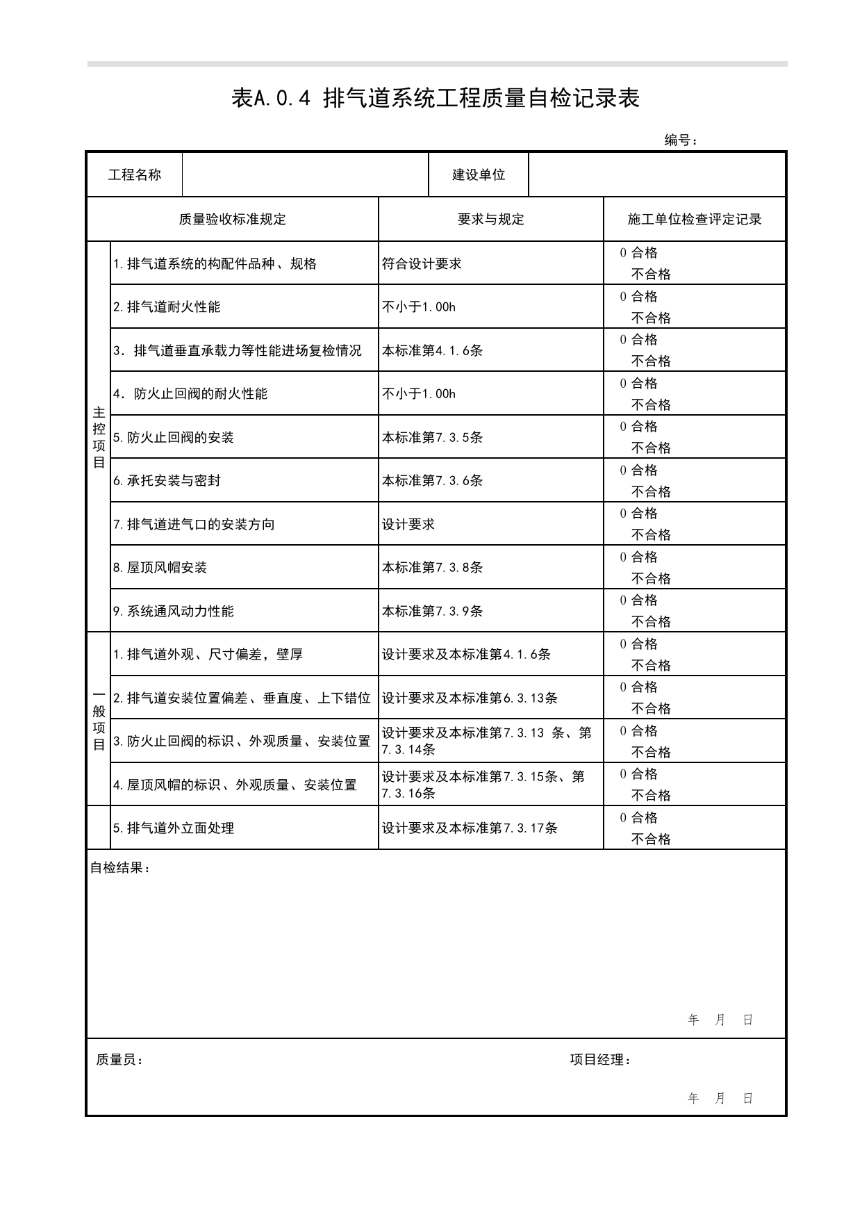 表A.0.4 排气道系统工程质量自检记录表_住宅厨卫排气道系统应用技术标准 DB11_T1979-2022_北京市建筑工程资料管理规程DB11-T695-2017 第 1 页