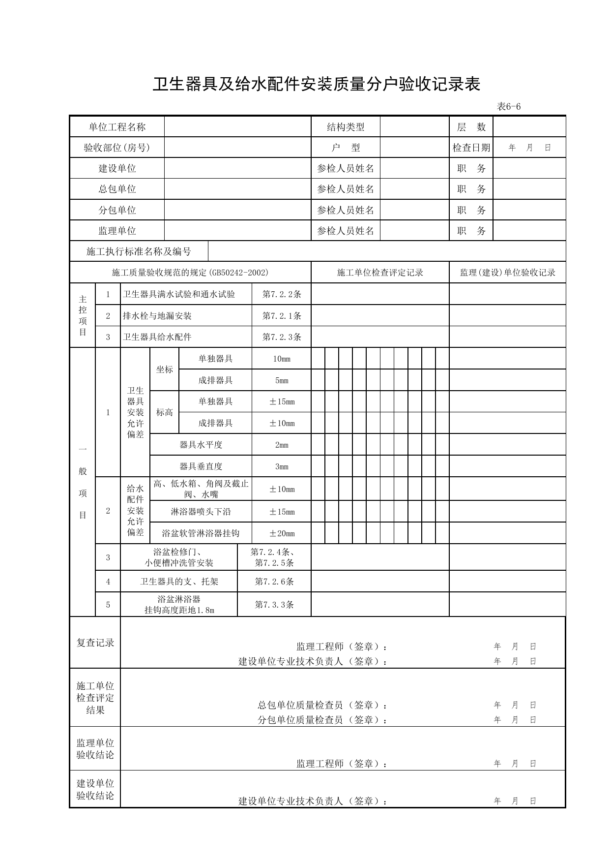 6-06_卫生器具及给水配件安装质量分户验收记录表_FH-6_给水、排水系统安装质量_分户验收用表《旧-京建质(2006)139号文》_分户验收 京建质(2009)383号文【废止】_检验批质量验收记录 第 1 页