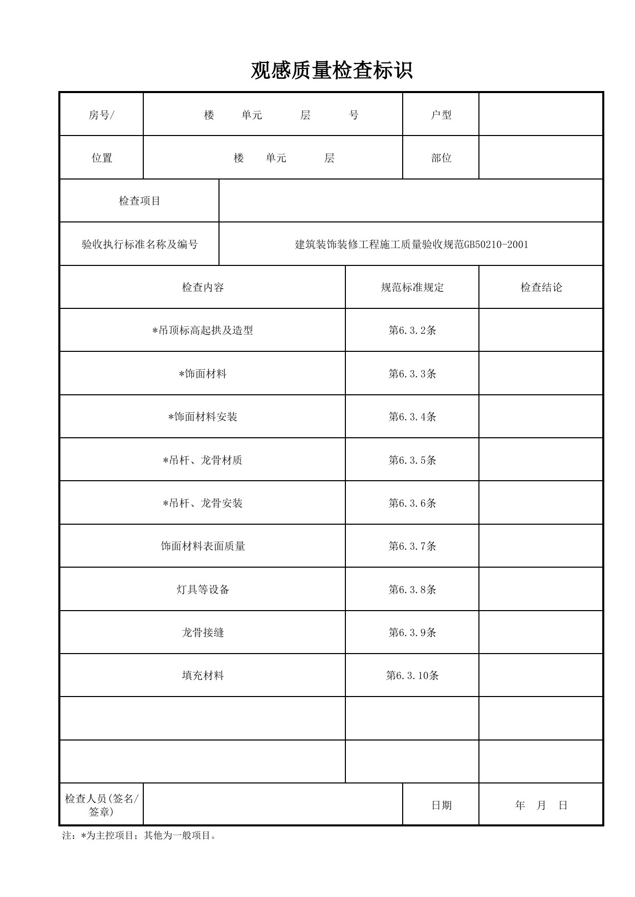 观感质量检查标识_明龙骨矿棉板吊顶_明龙骨吊顶_墙面、地面和顶棚面层质量_检查标识样表_分户验收 京建质(2009)383号文【废止】_检验批质量验收记录_C7 过程验收资料_C 施工资料 第 1 页